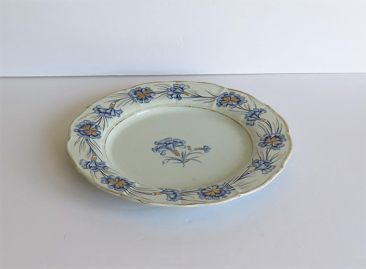 Hand-Painted Georgian Mason's Ironstone Dinner Plate Hand Painted Blue Carnation Pattern