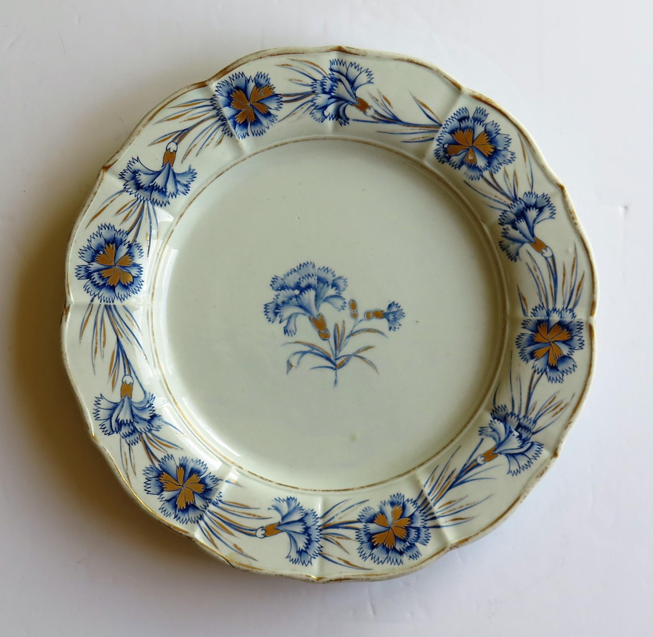 Georgian Mason's Ironstone Dinner Plate Hand Painted Blue Carnation Pattern 1