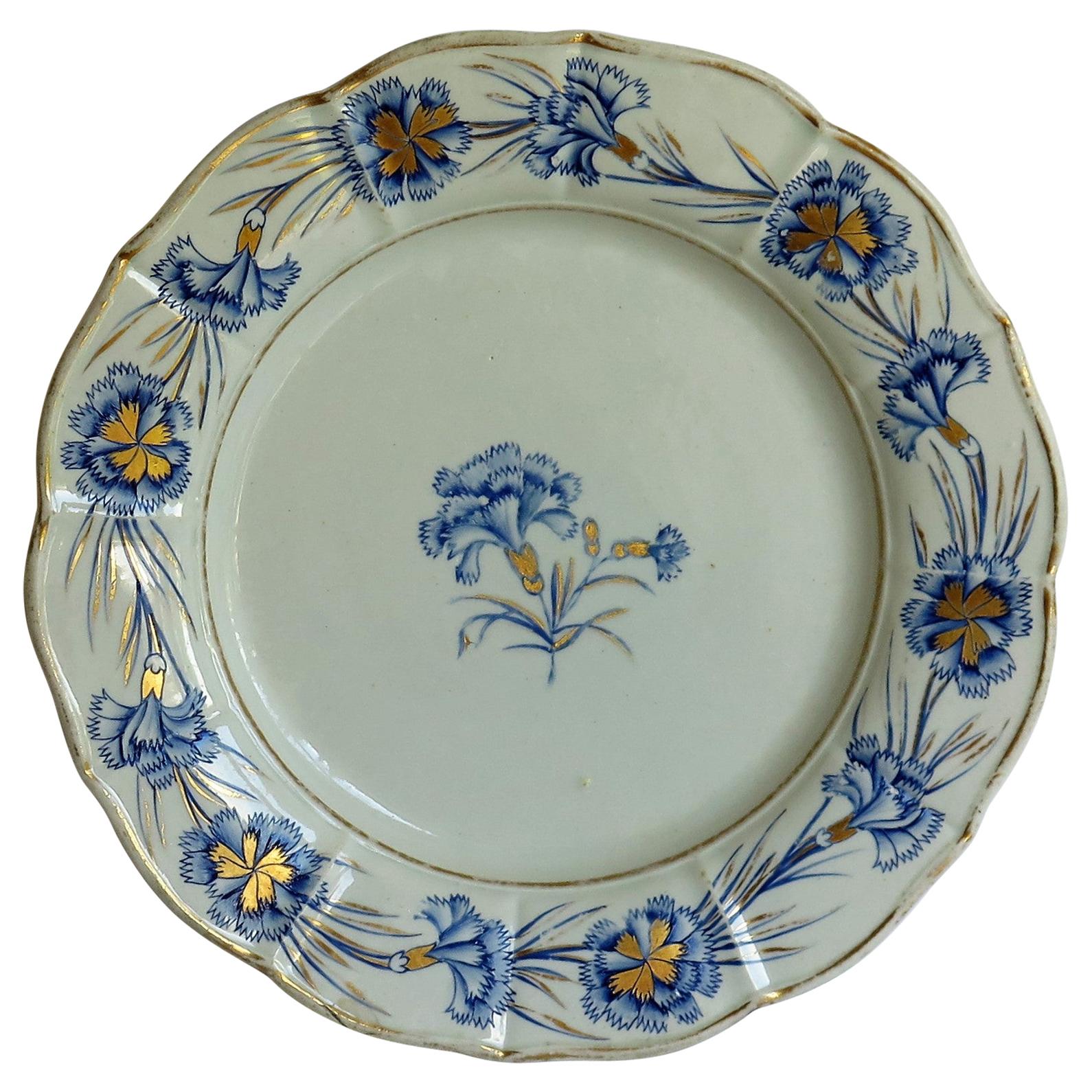 Georgian Mason's Ironstone Dinner Plate Hand Painted Blue Carnation Pattern