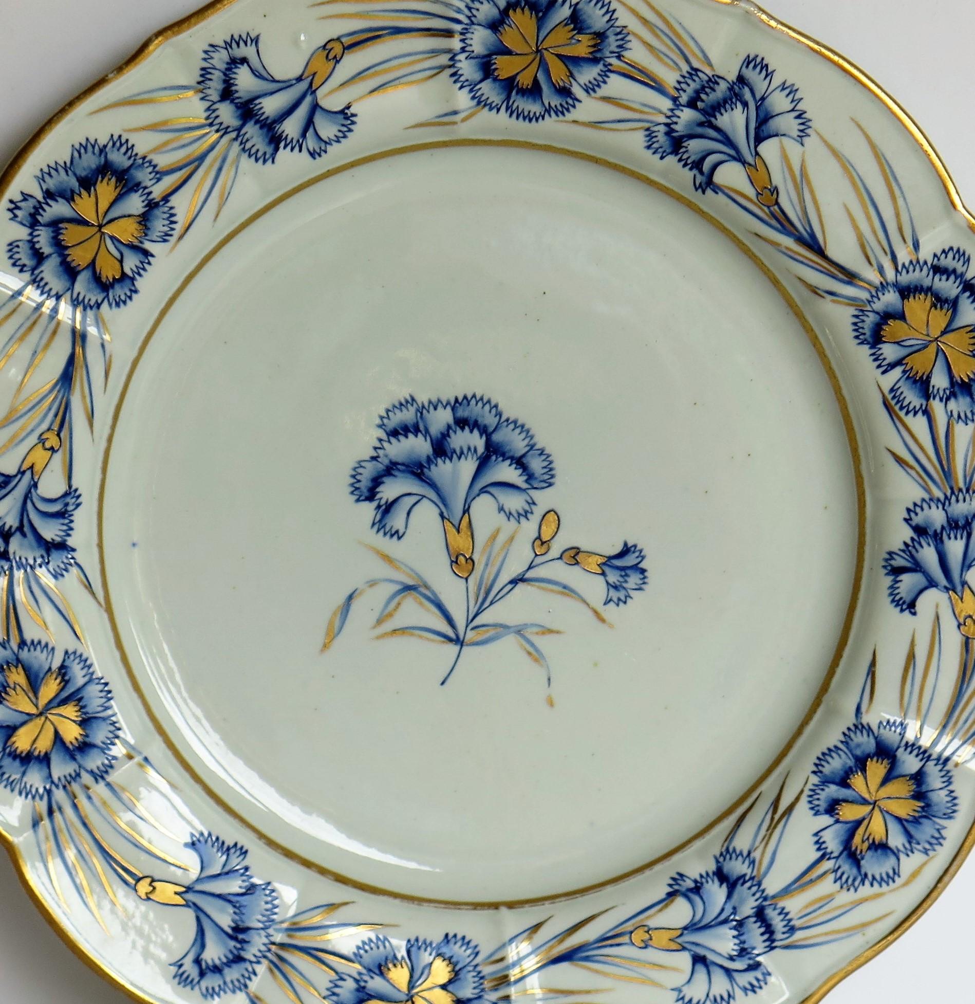 English Georgian Mason's Ironstone Dinner Plate Hand Painted rare Blue Carnation Pattern