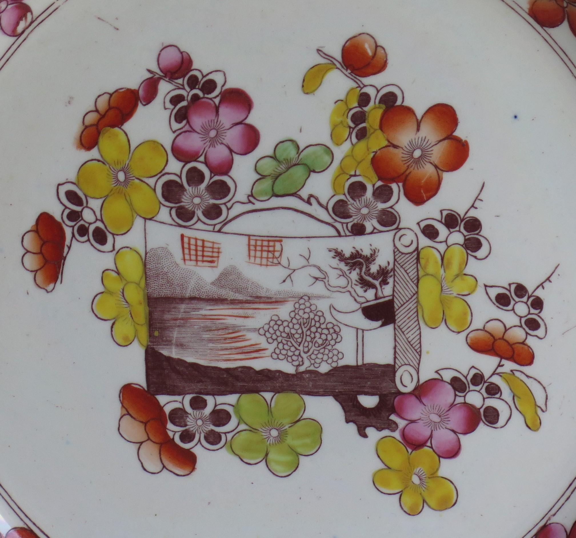 Hand-Painted Georgian Mason's Ironstone Dinner Plate Scroll Landscape and Prunus Rare Pattern For Sale