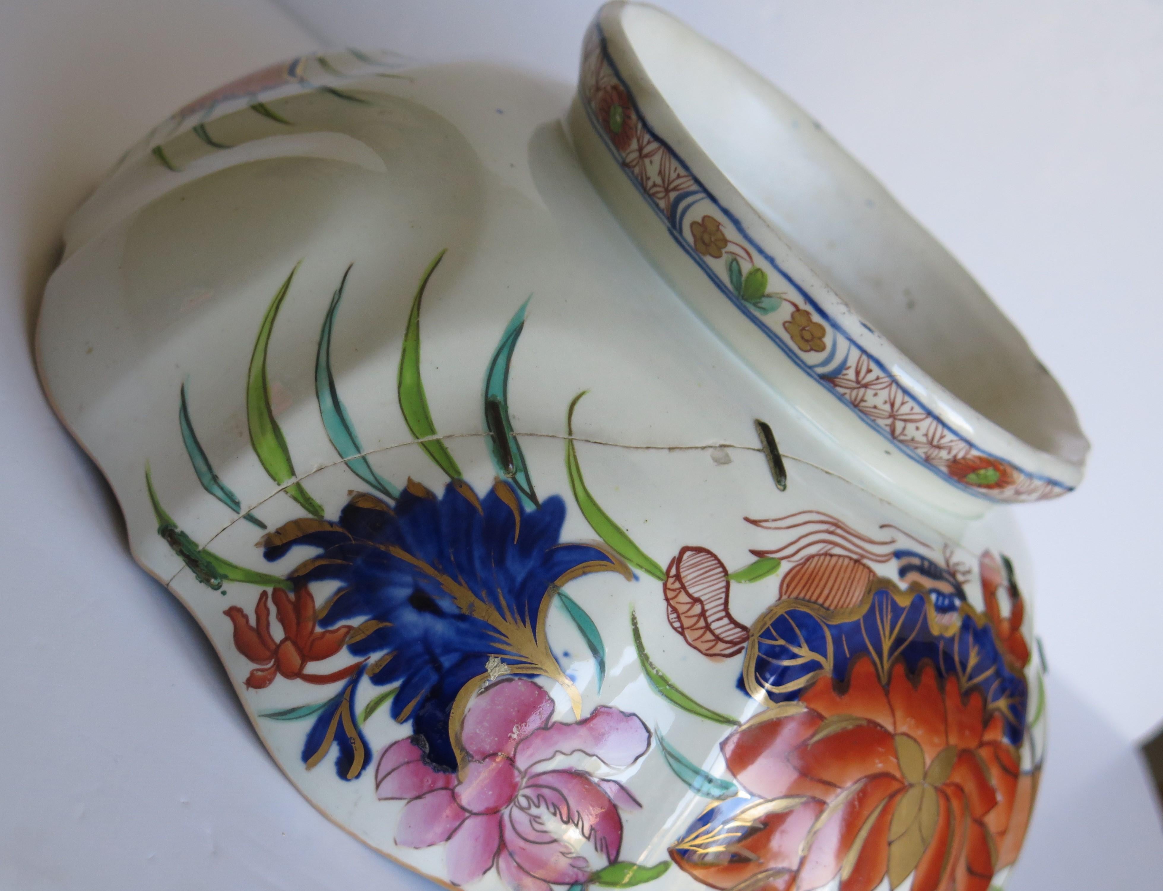 Georgian Mason's Ironstone Large Bowl in Water Lily Pattern Old Stapled Repair 3