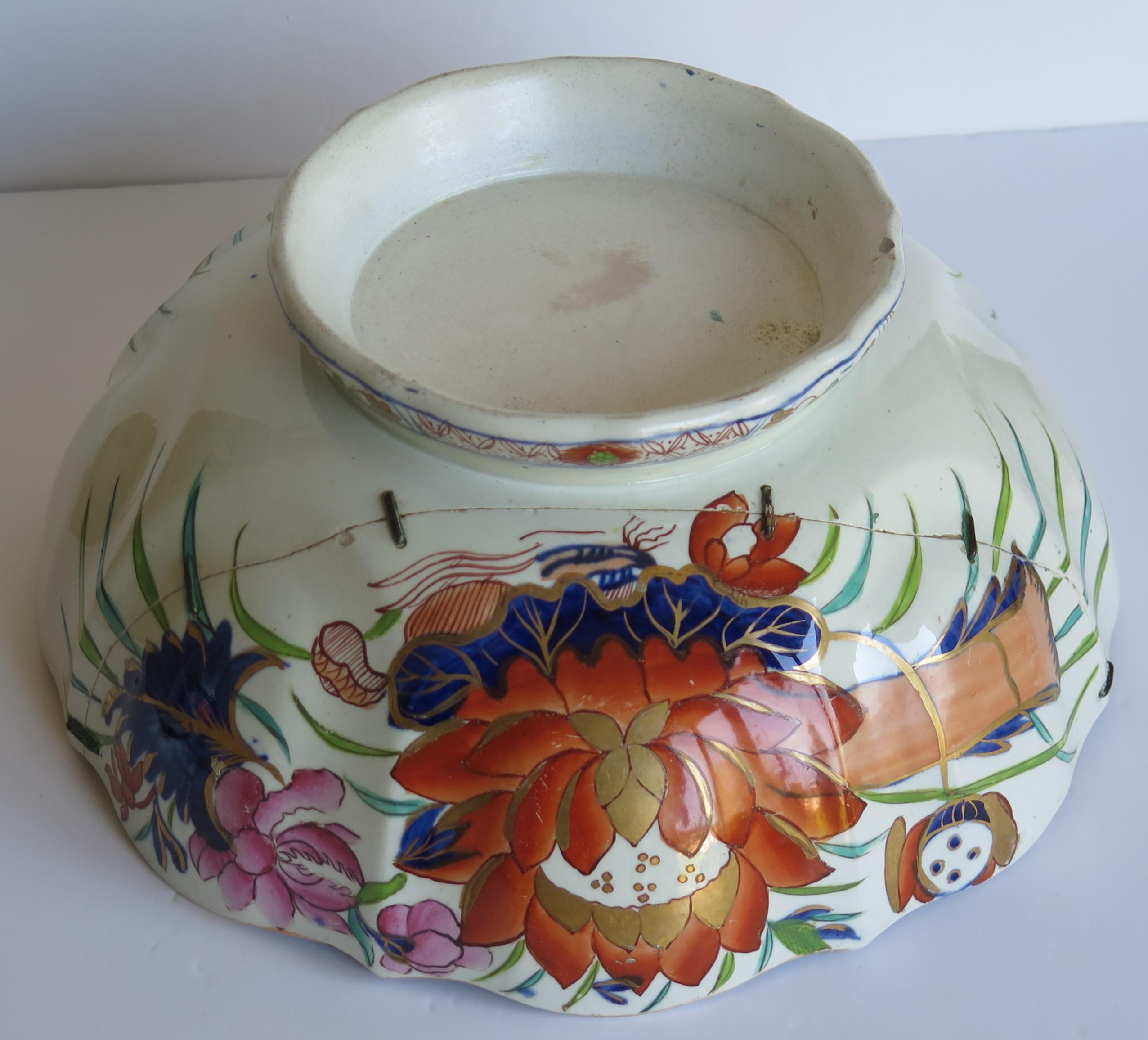 Georgian Mason's Ironstone Large Bowl in Water Lily Pattern Old Stapled Repair 10