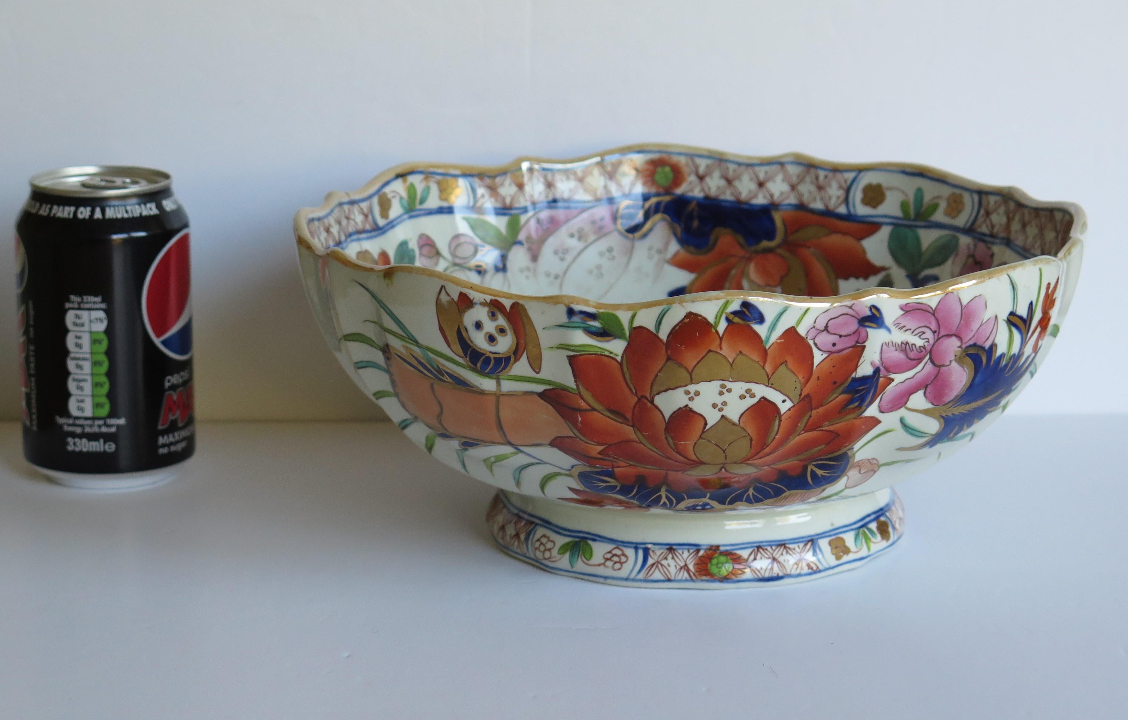 Georgian Mason's Ironstone Large Bowl in Water Lily Pattern Old Stapled Repair 13