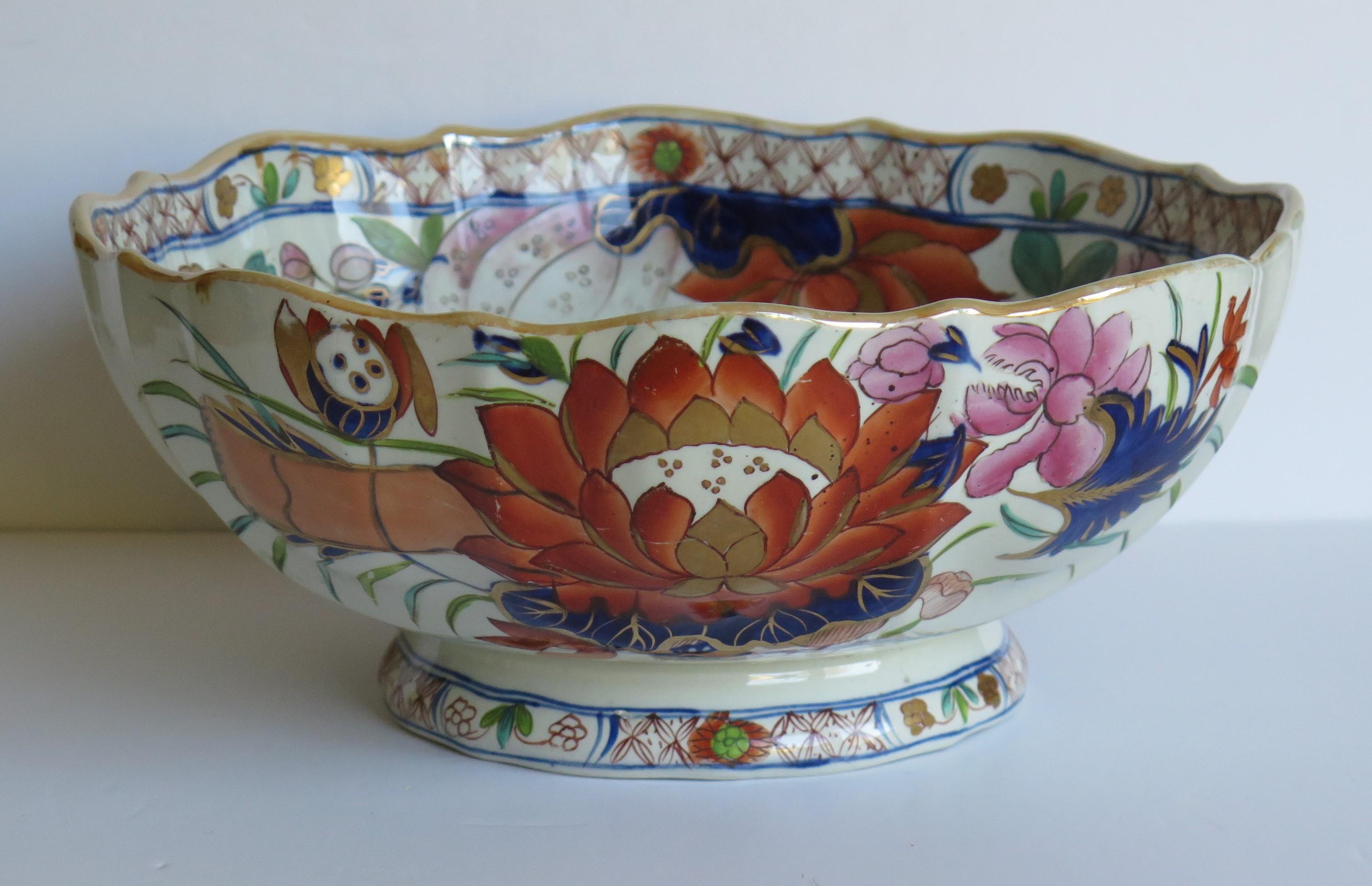 Chinoiserie Georgian Mason's Ironstone Large Bowl in Water Lily Pattern Old Stapled Repair