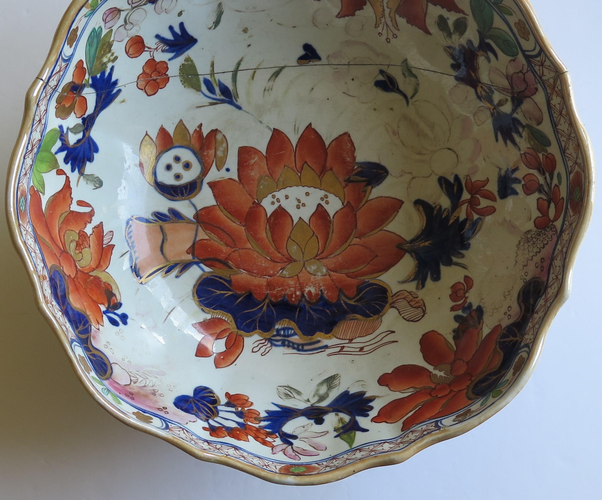Hand-Painted Georgian Mason's Ironstone Large Bowl in Water Lily Pattern Old Stapled Repair