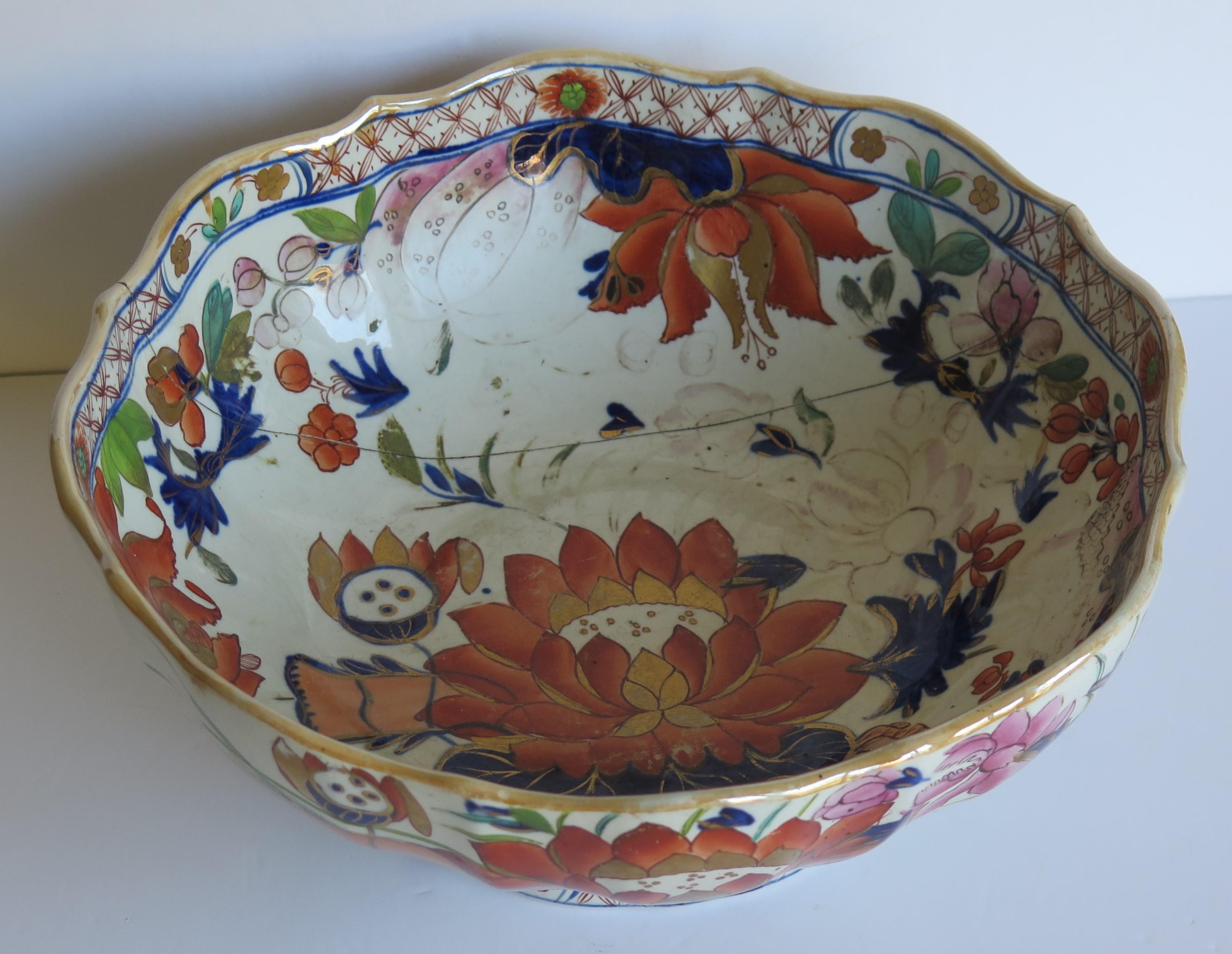 19th Century Georgian Mason's Ironstone Large Bowl in Water Lily Pattern Old Stapled Repair