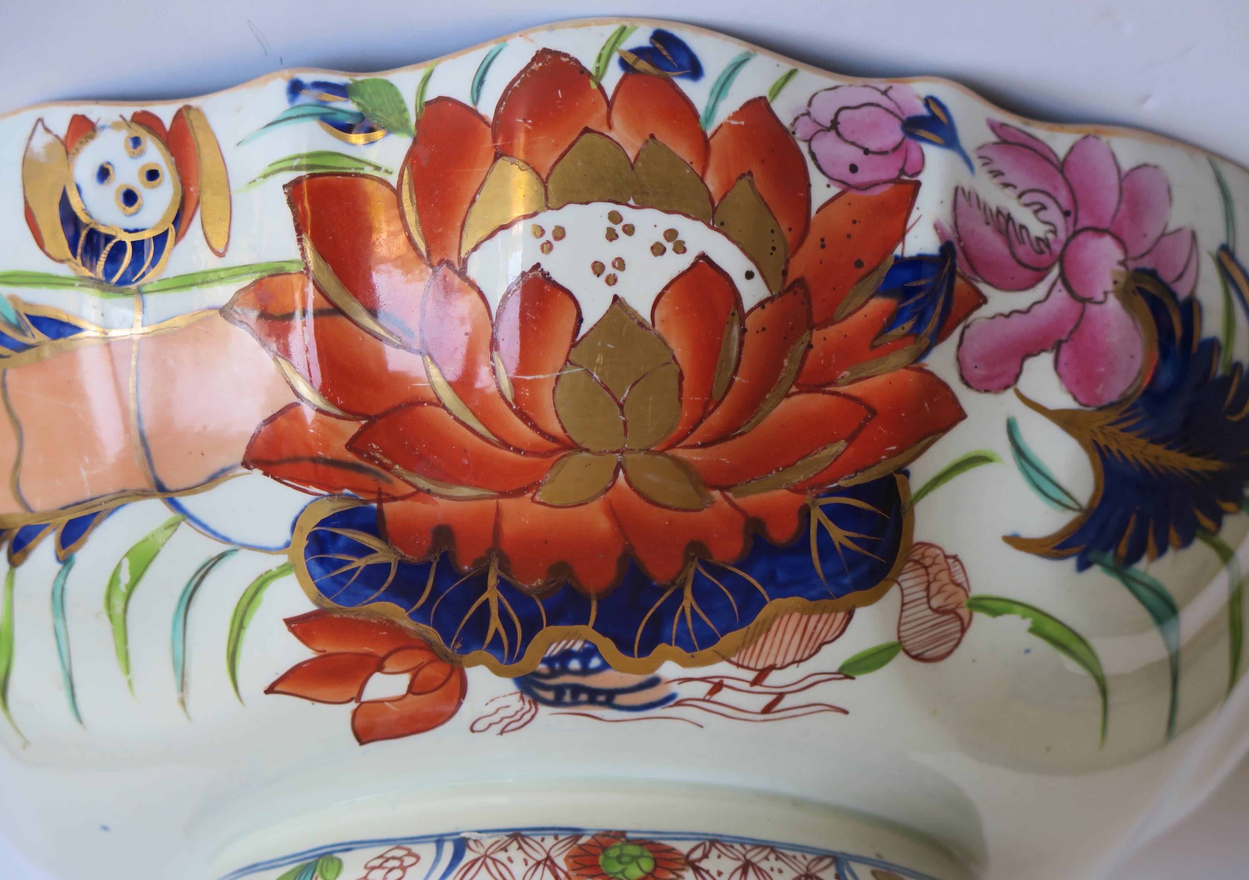 Georgian Mason's Ironstone Large Bowl in Water Lily Pattern Old Stapled Repair 2