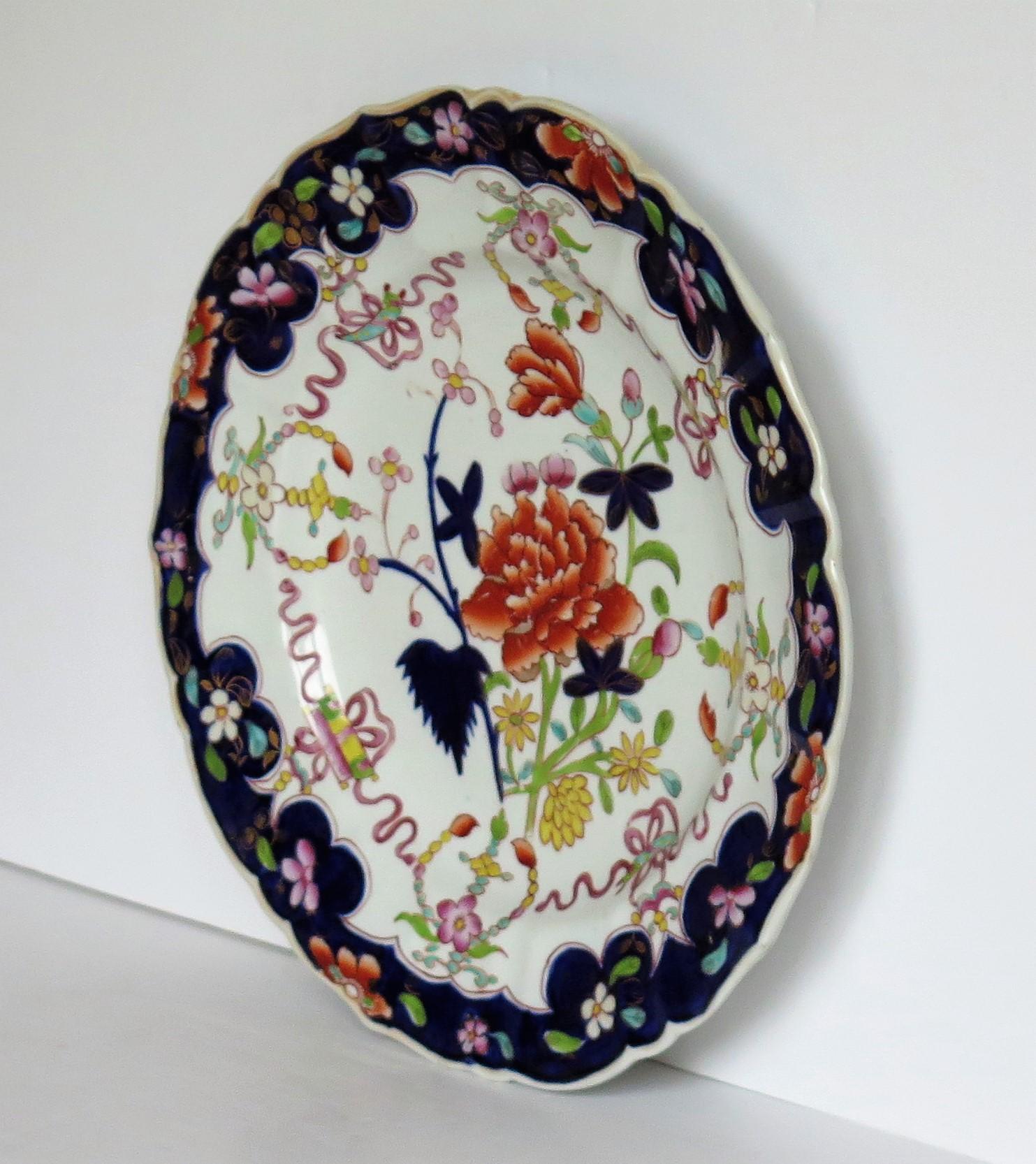 Hand-Painted Georgian Mason's Ironstone Large Dinner Plate Red Peony and Scrolls Ptn, Ca 1818