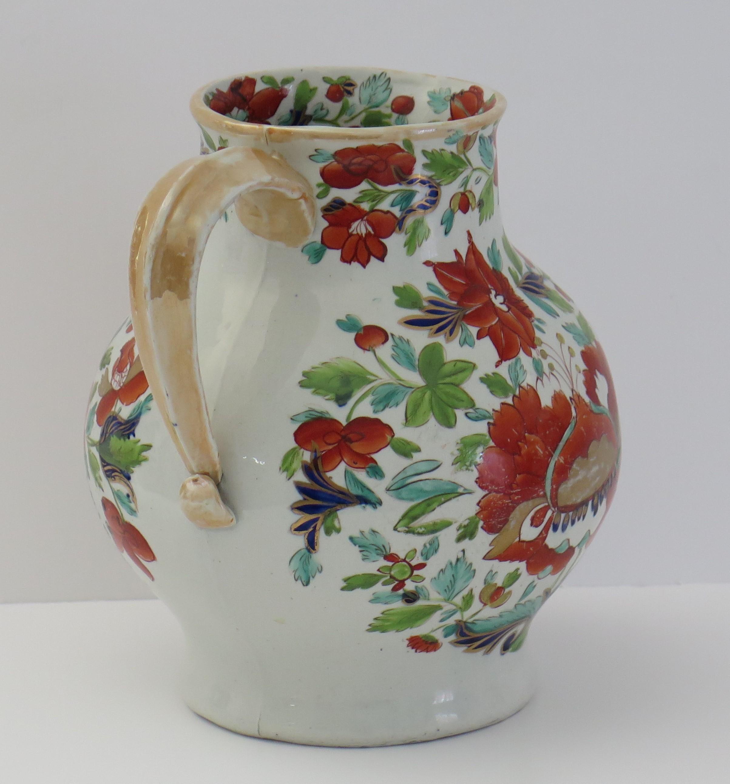 Hand-Painted Georgian Mason's Ironstone large Jug in Large Stamen Flower Ptn. Ca 1818 For Sale