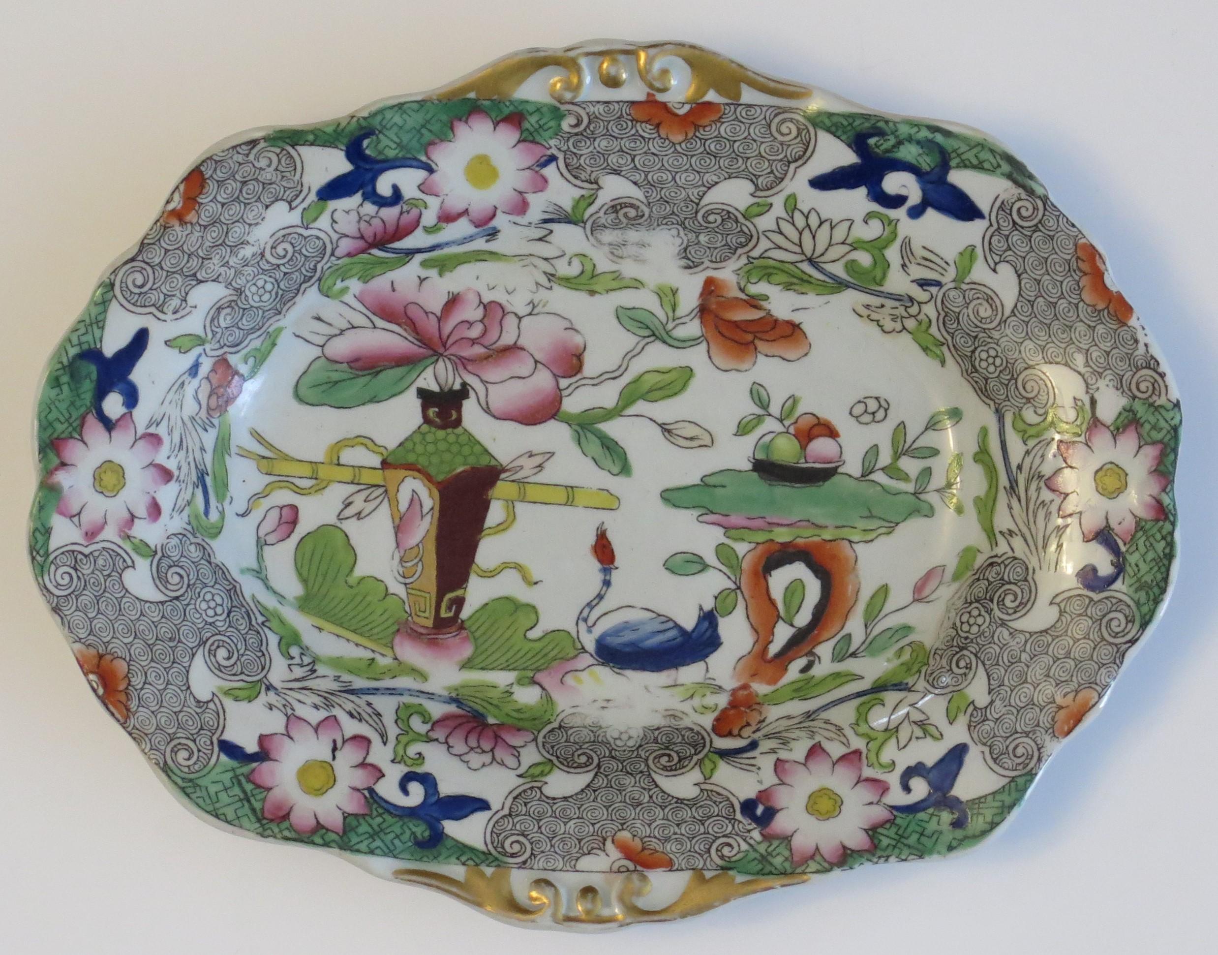 Chinoiserie Georgian Mason's Ironstone Oval Dish in Table & Flower Pot Pattern, circa 1818 For Sale