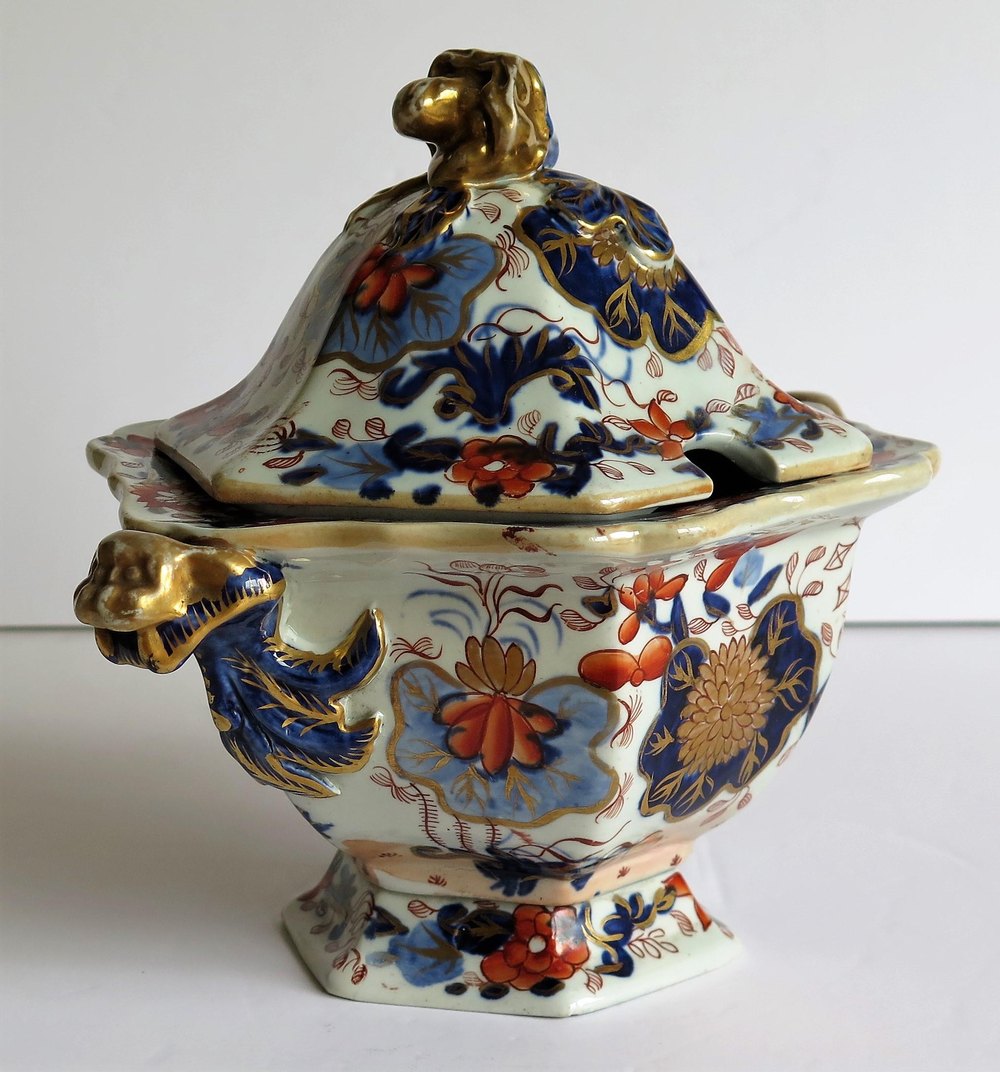 Hand-Painted Georgian Mason's Ironstone Sauce Tureen and Cover Gilded Japan Basket Pattern
