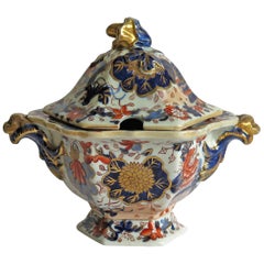 Georgian Mason's Ironstone Sauce Tureen and Cover Gilded Japan Basket Pattern