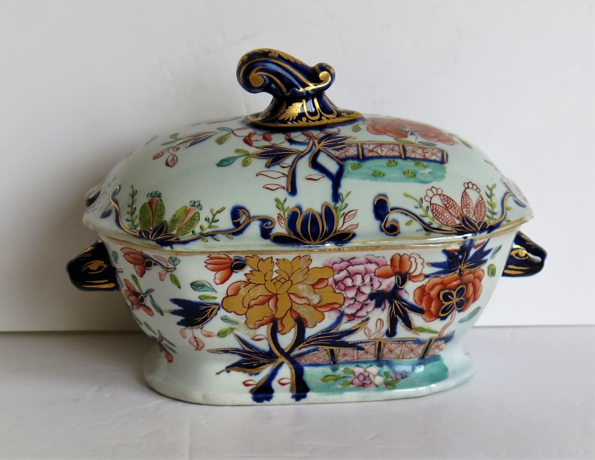 Hand-Painted Georgian Mason's Ironstone Sauce Tureen and Cover Gilded Rose Japan Pattern