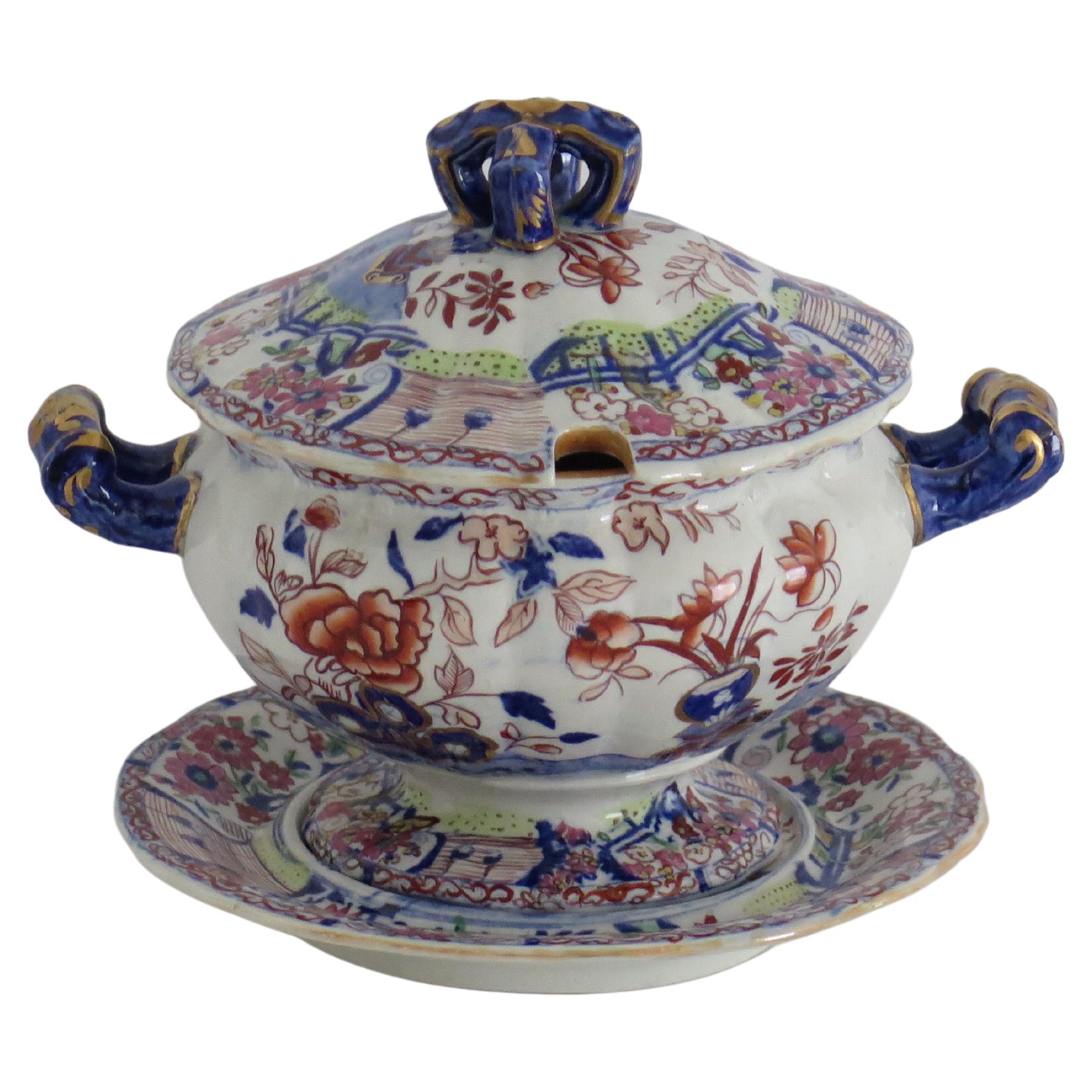 Georgian Masons Ironstone Sauce Tureen & Base Plate Vase & Rock Ptn, circa 1818 For Sale