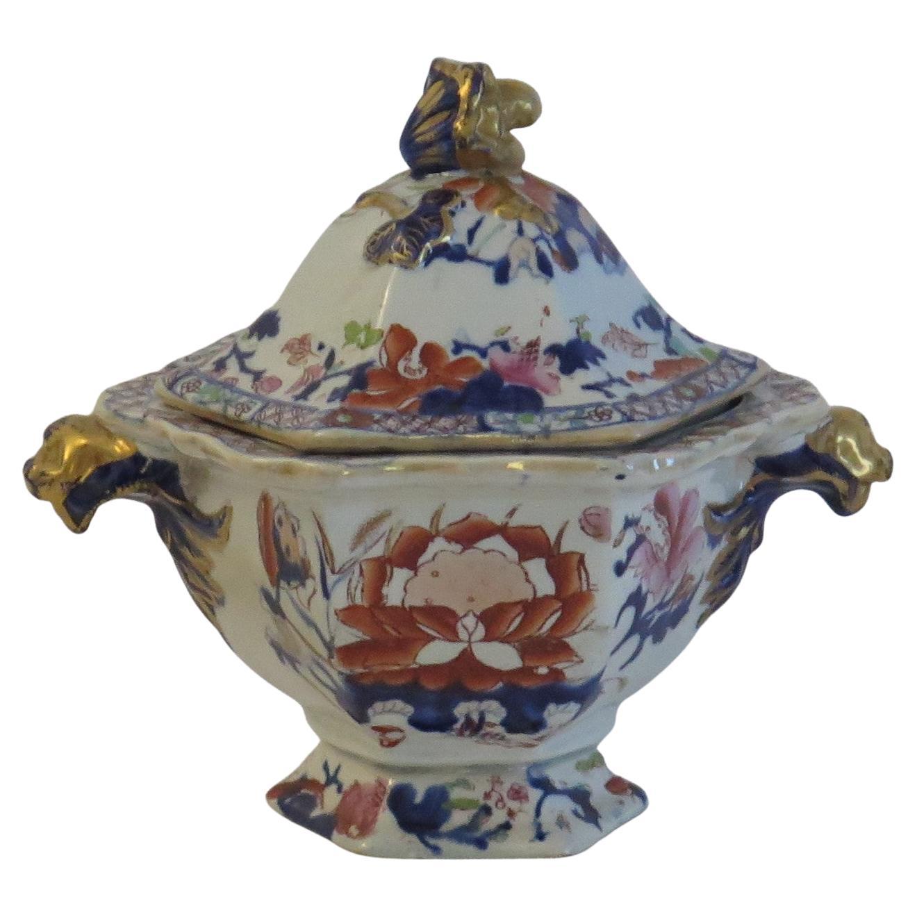 Georgian Mason's Ironstone Sauce Tureen & Lid Gilded Water Lily Pattern, Ca 1820 For Sale