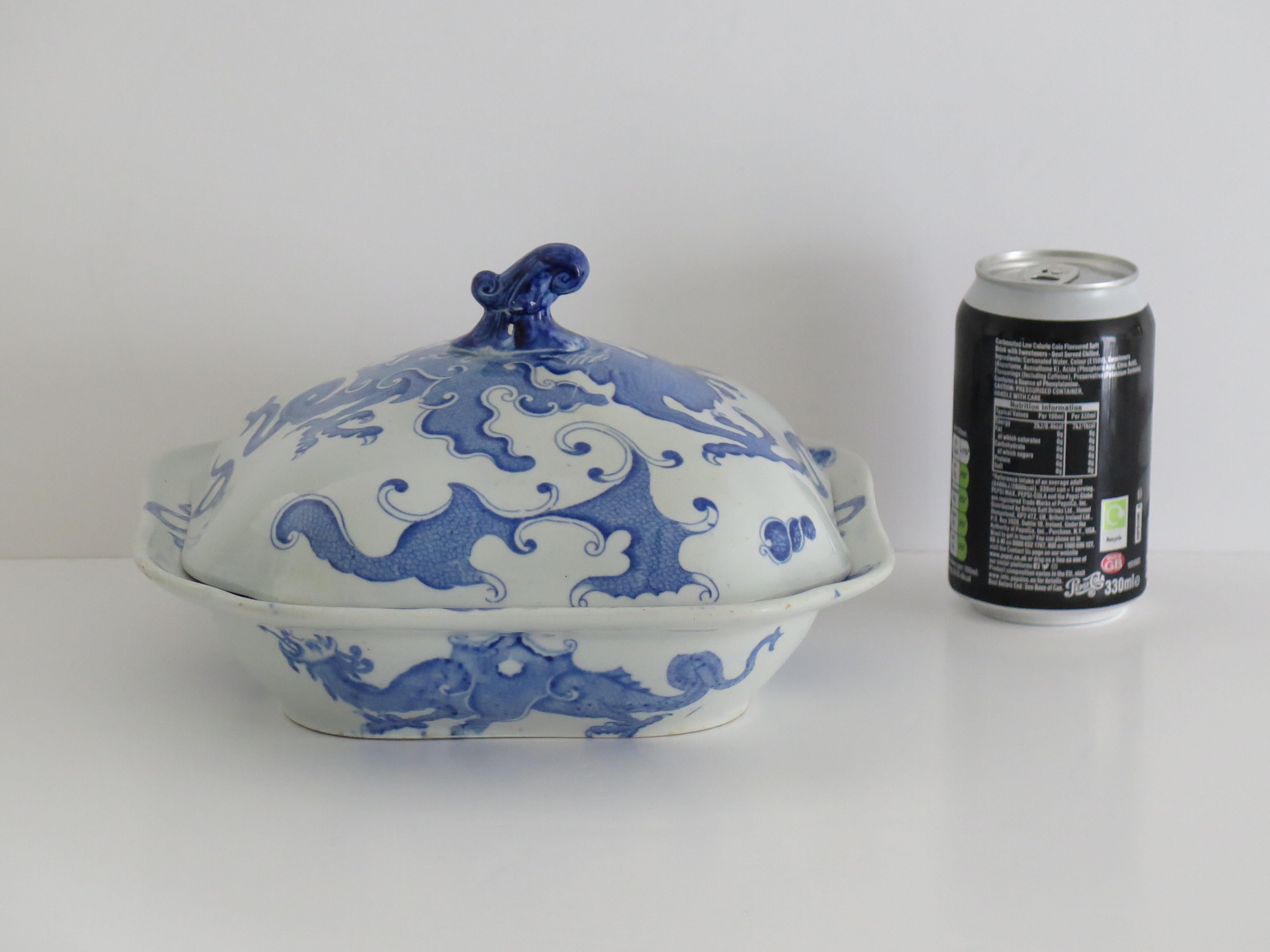 Georgian Mason's Ironstone Serving Dish & Cover in Chinese Dragon Ptn, Ca 1818 For Sale 11