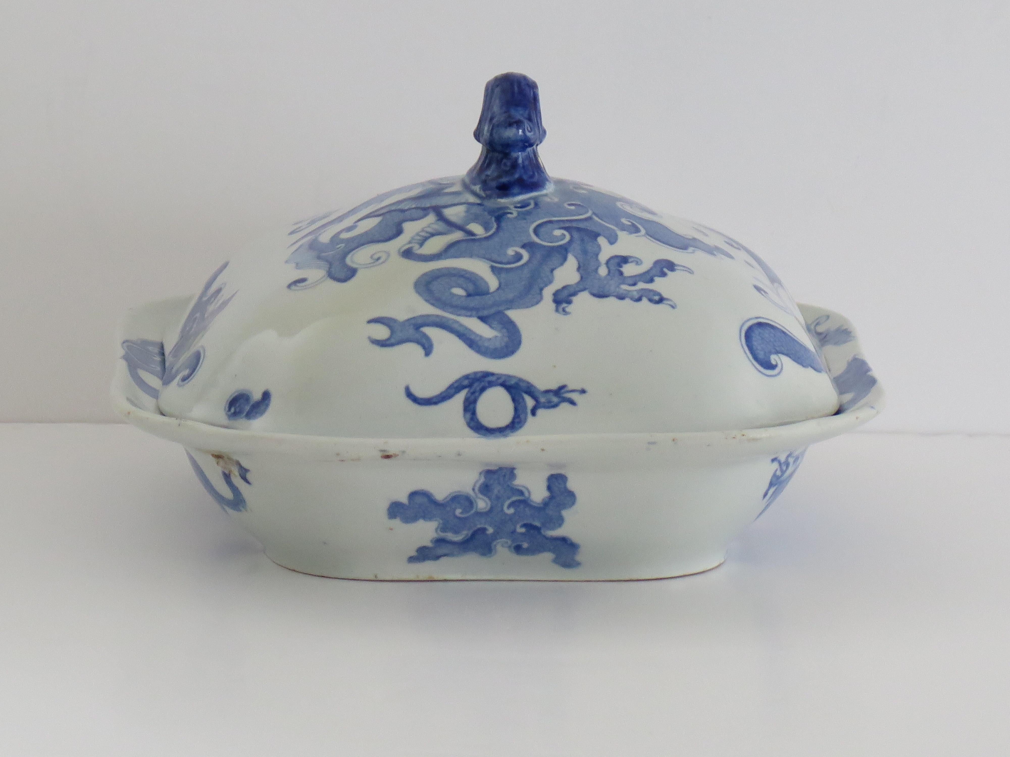 Georgian Mason's Ironstone Serving Dish & Cover in Chinese Dragon Ptn, Ca 1818 For Sale 2