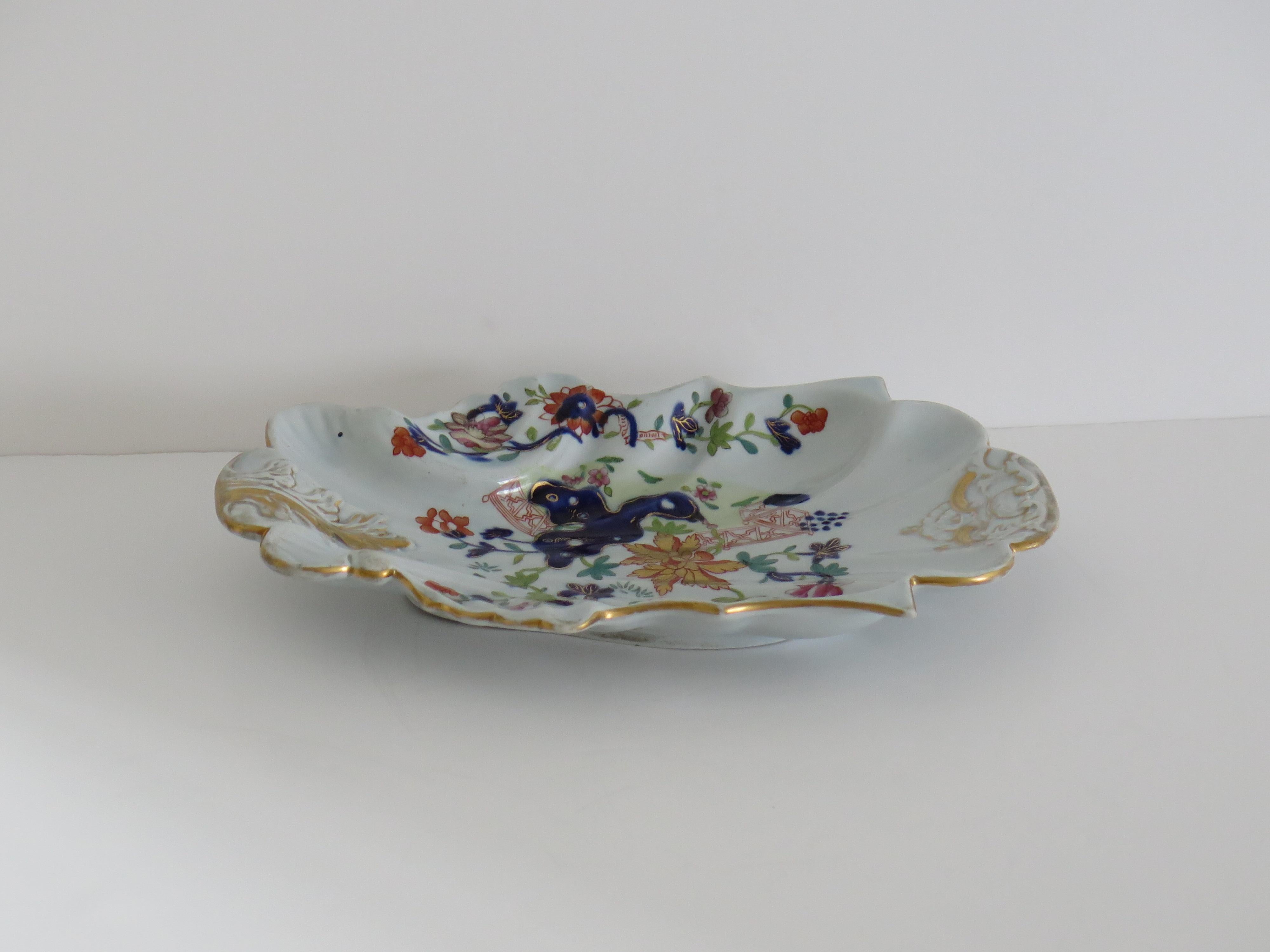 English Georgian Masons Ironstone Serving Dish in Fence Rock & Tree gilded Ptn, Ca 1818 For Sale