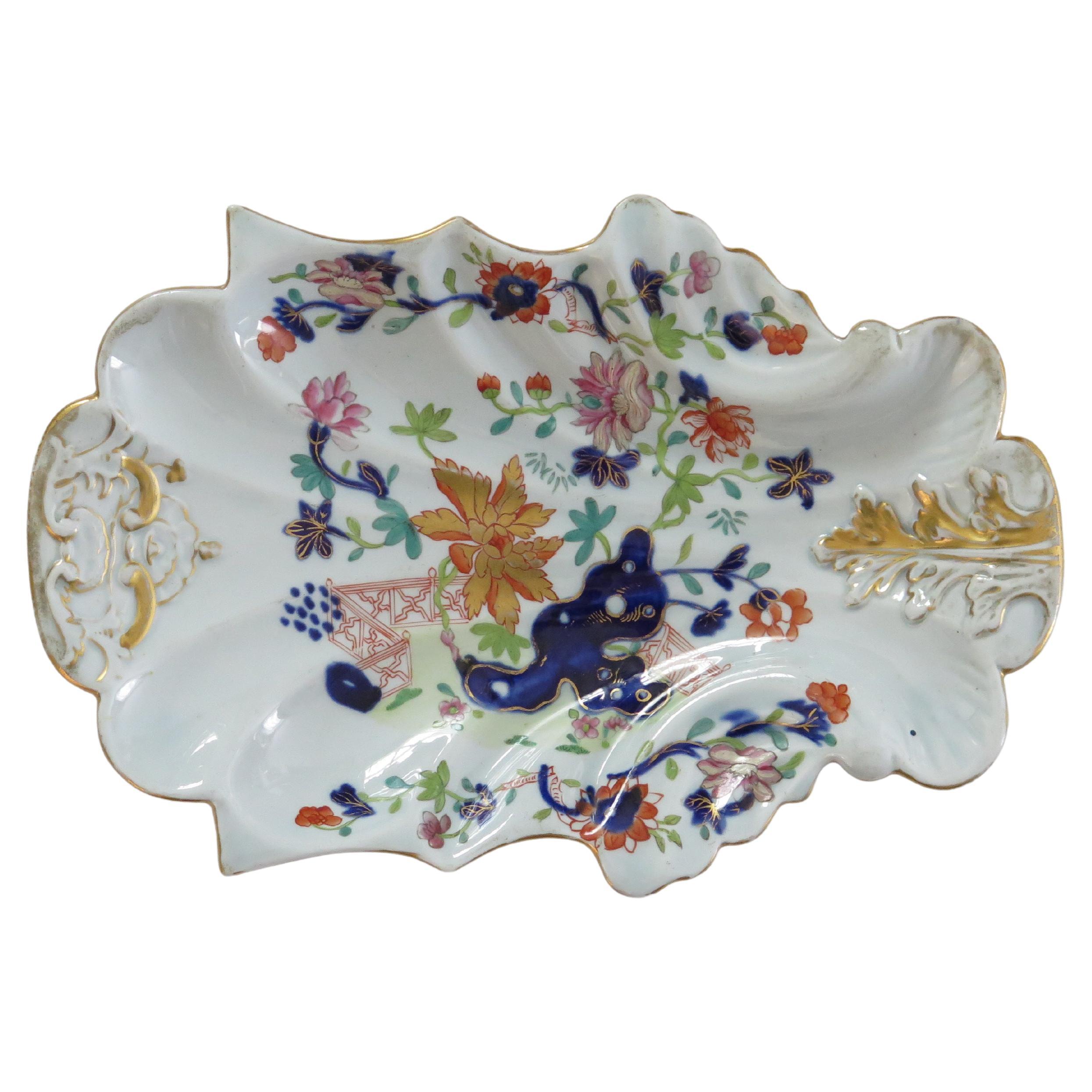 Georgian Masons Ironstone Serving Dish in Fence Rock & Tree gilded Ptn, Ca 1818 For Sale