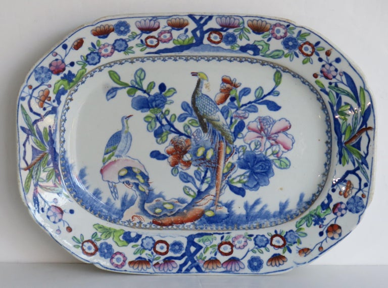 This is a very decorative rectangular serving platter by Mason's Ironstone, Lane Delph, England in the Oriental Pheasant pattern, dating to the very early period of Mason's ironstone, circa 1820.

The dish is rectangular in shape with raised sides