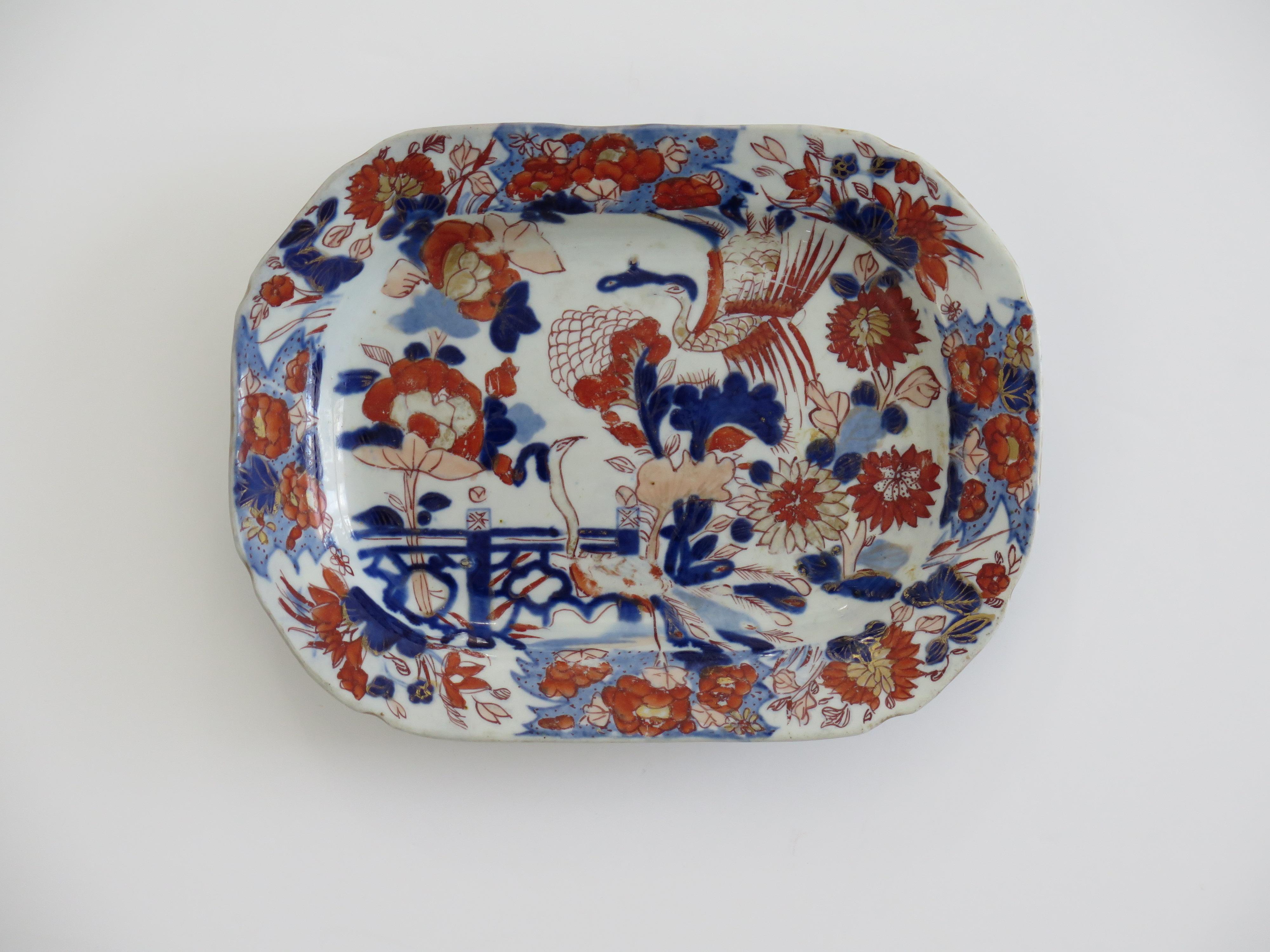Hand-Painted Georgian Masons Ironstone Small Dish or Platter in Peacock Japan Ptn, Ca.1815 For Sale