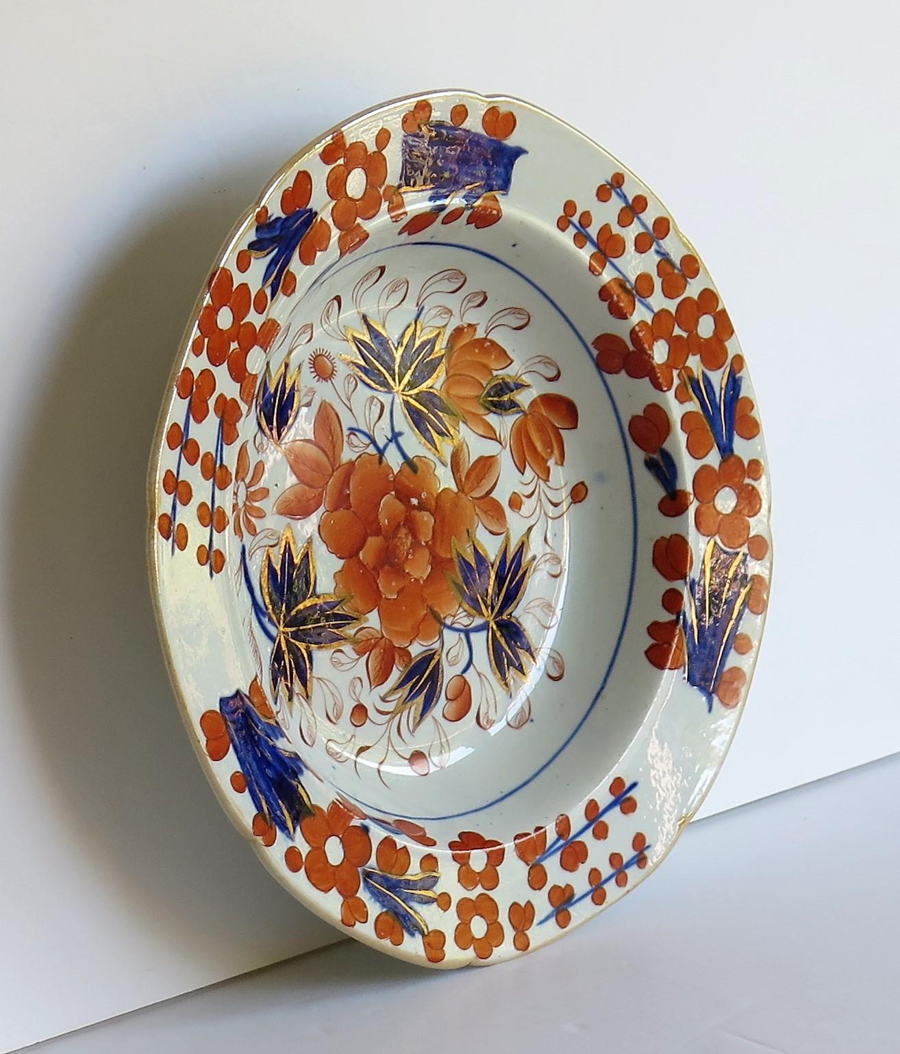 This is a very good early Mason's ironstone pottery soup bowl or deep plate hand painted in the striking Rose Japan pattern, which is one of the rarer seen patterns produced by the Mason's factory at Lane Delph, Staffordshire, England, circa