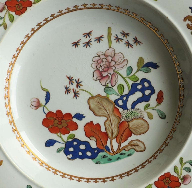 This is a very good early Mason's ironstone pottery soup bowl or deep plate hand painted in the very decorative Tobacco Leaf and Rock pattern, which is one of the rarer seen patterns produced by the Mason's factory at Lane Delph, Staffordshire,