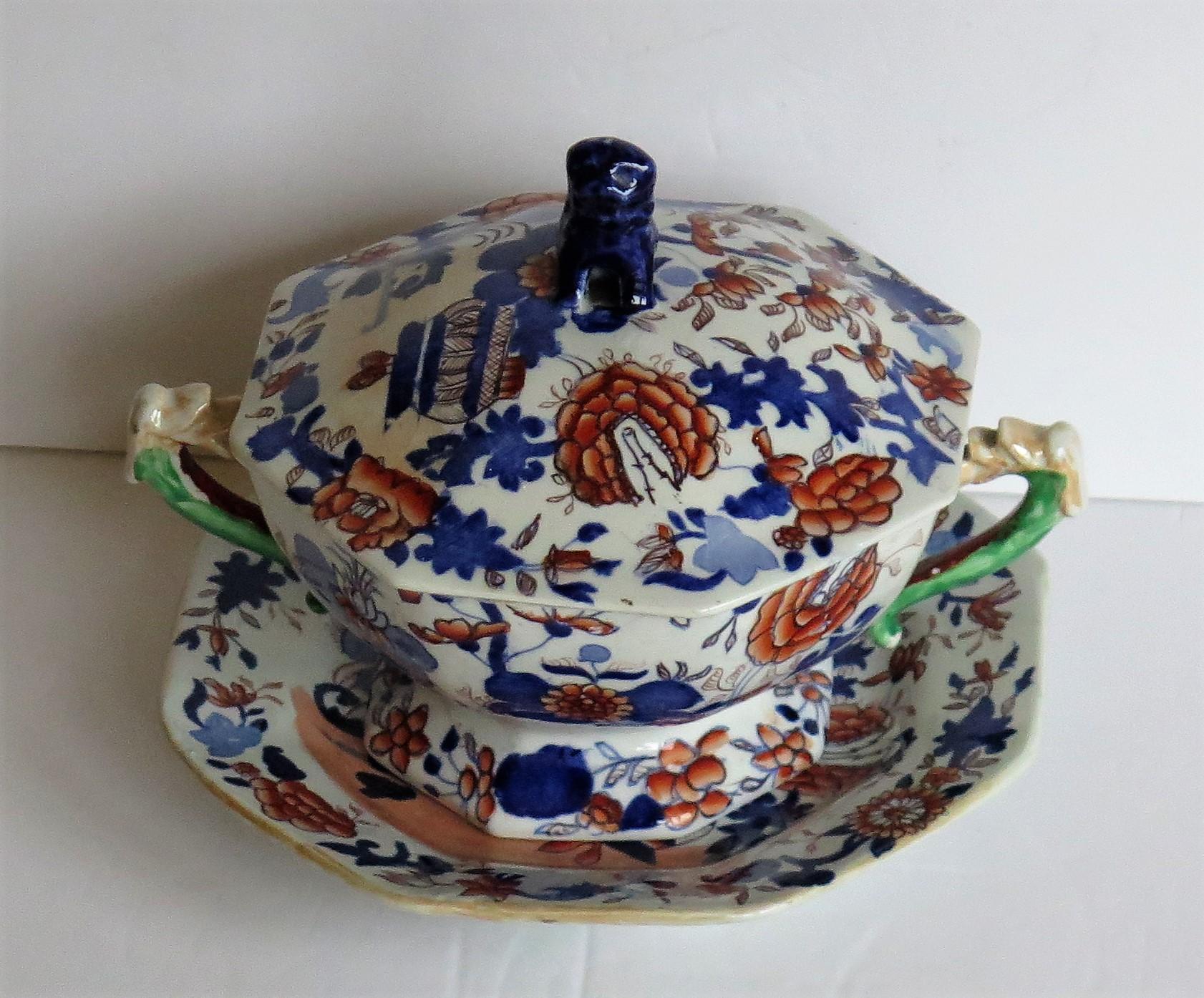 Hand-Painted Georgian Mason's Ironstone Tureen and Lid and Stand Japan Basket Pattern, C 1820