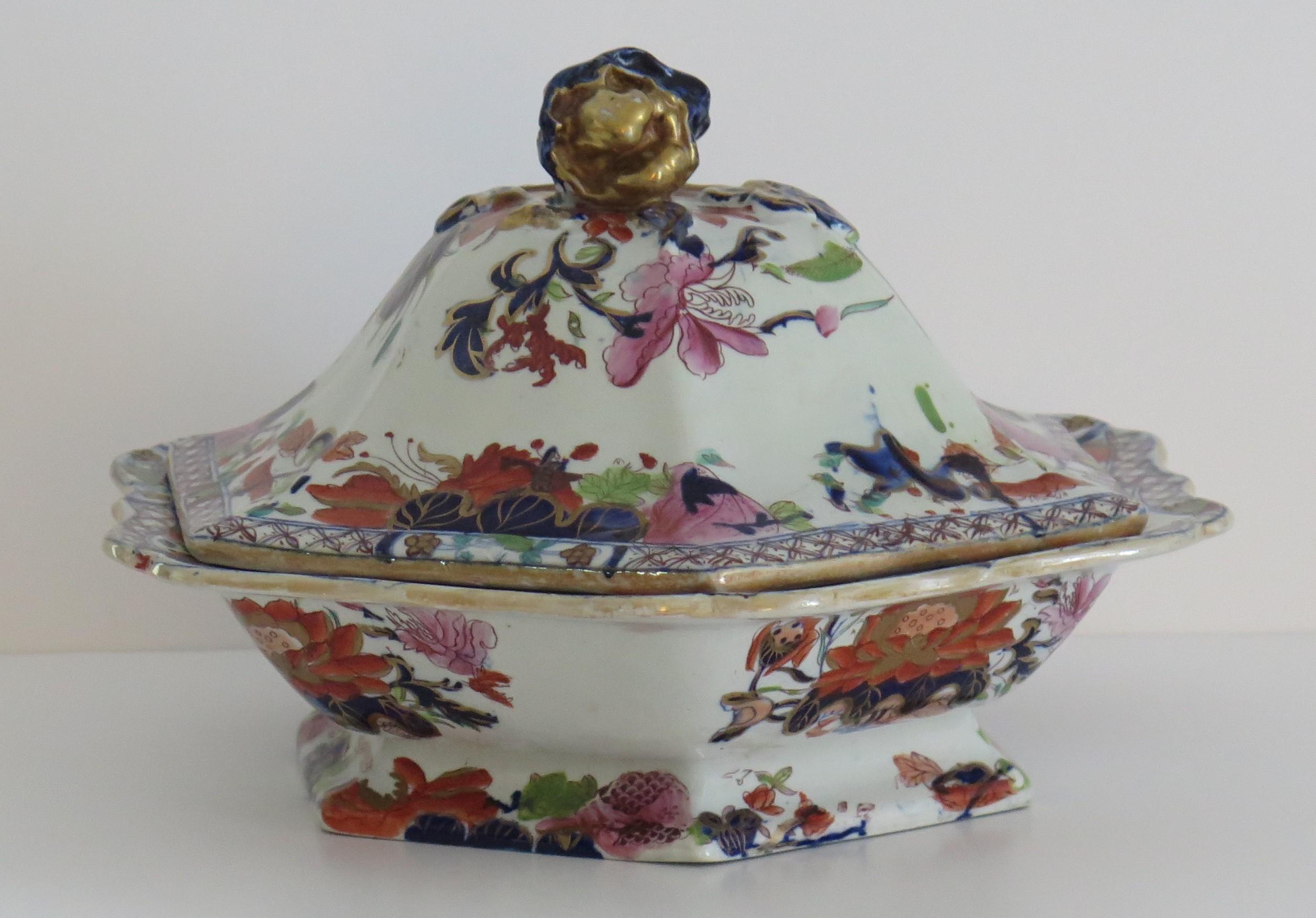 Hand-Painted Georgian Mason's Ironstone Vegetable Tureen & Lid Gilded Water Lily Ptn, Ca 1820