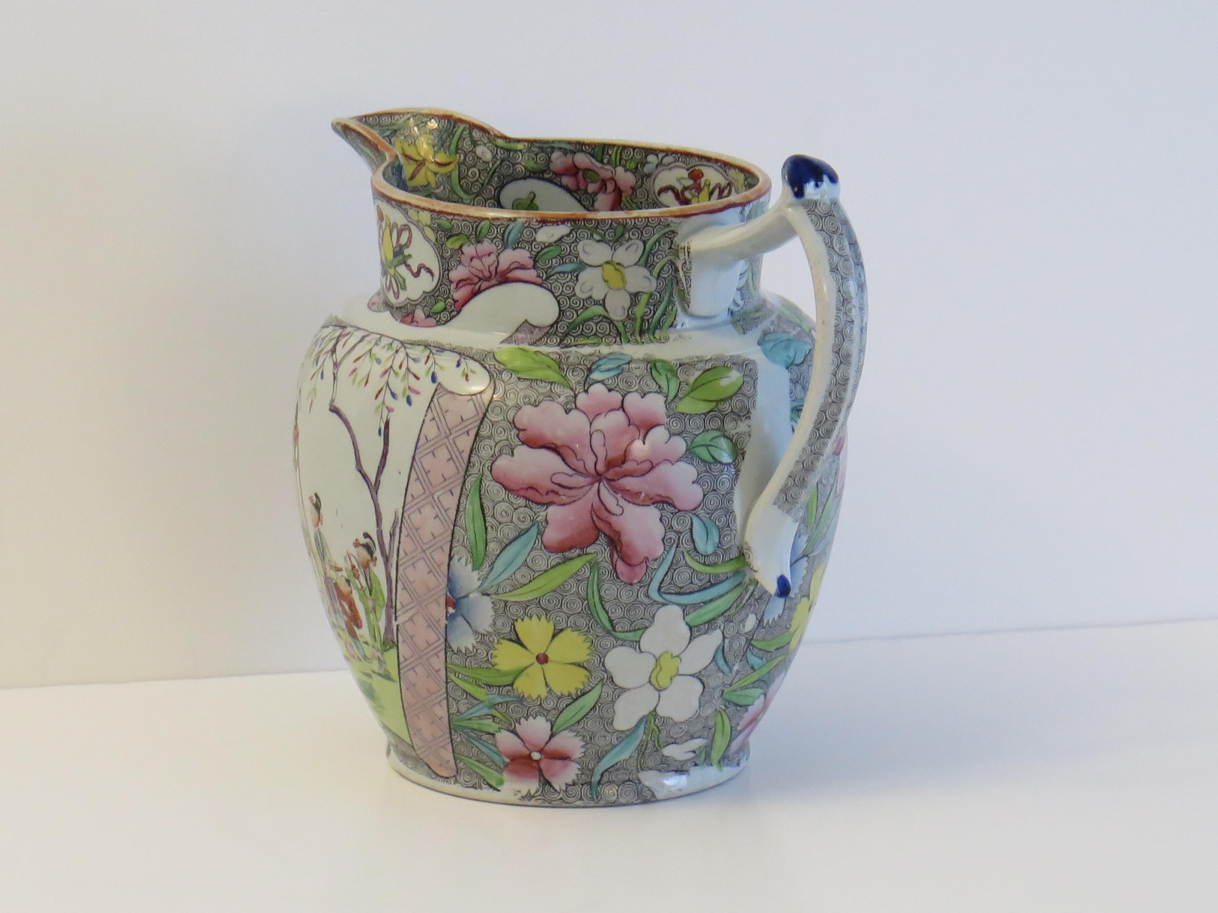 Hand-Painted Georgian Mason's rare Ironstone Jug or Pitcher in Chinese Scroll Ptn, circa 1818