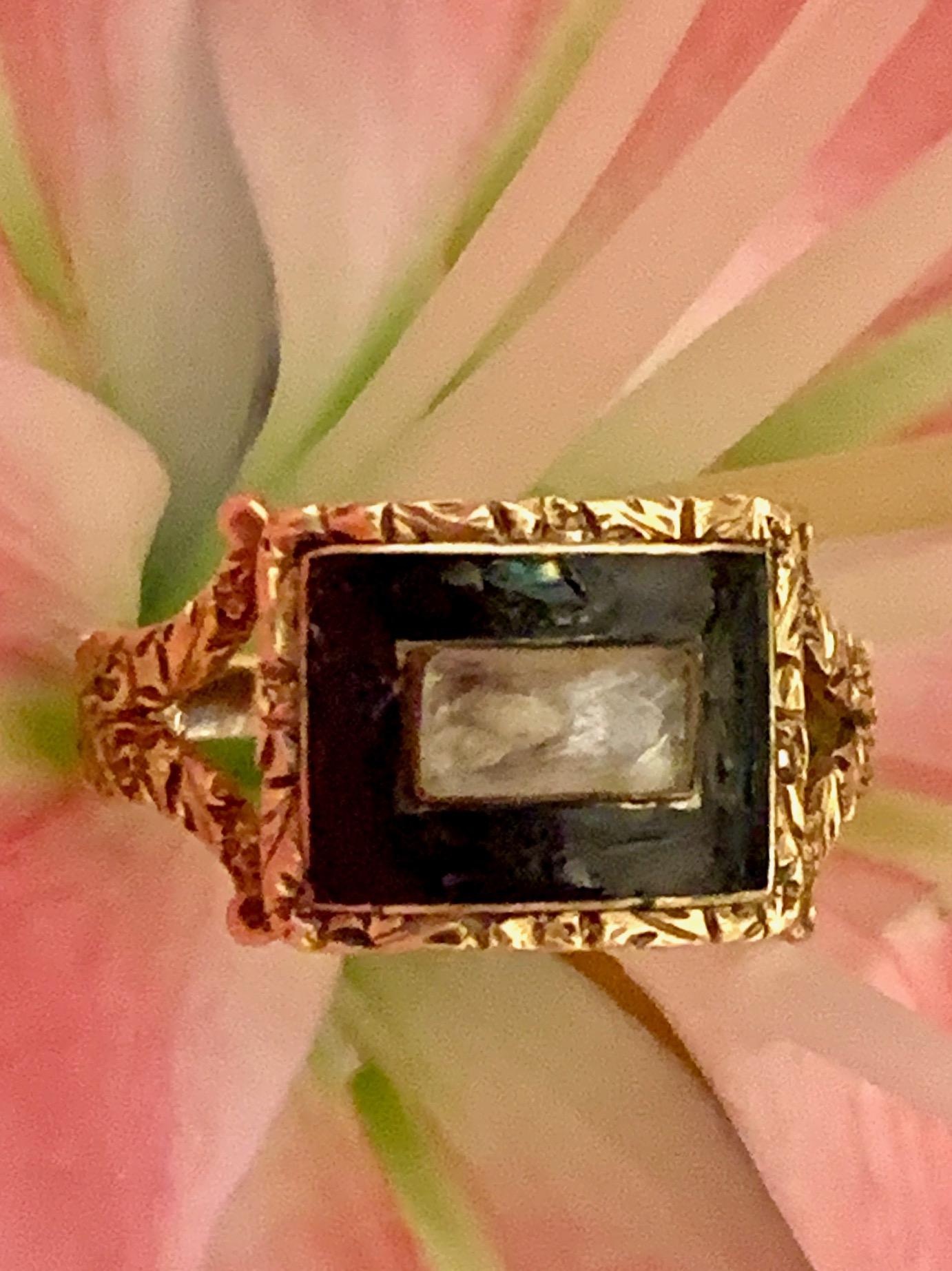 Round Cut Georgian Memorial Mourning Ring, Seed Pearls, Black Enamel, 14 Karat Rose Gold For Sale