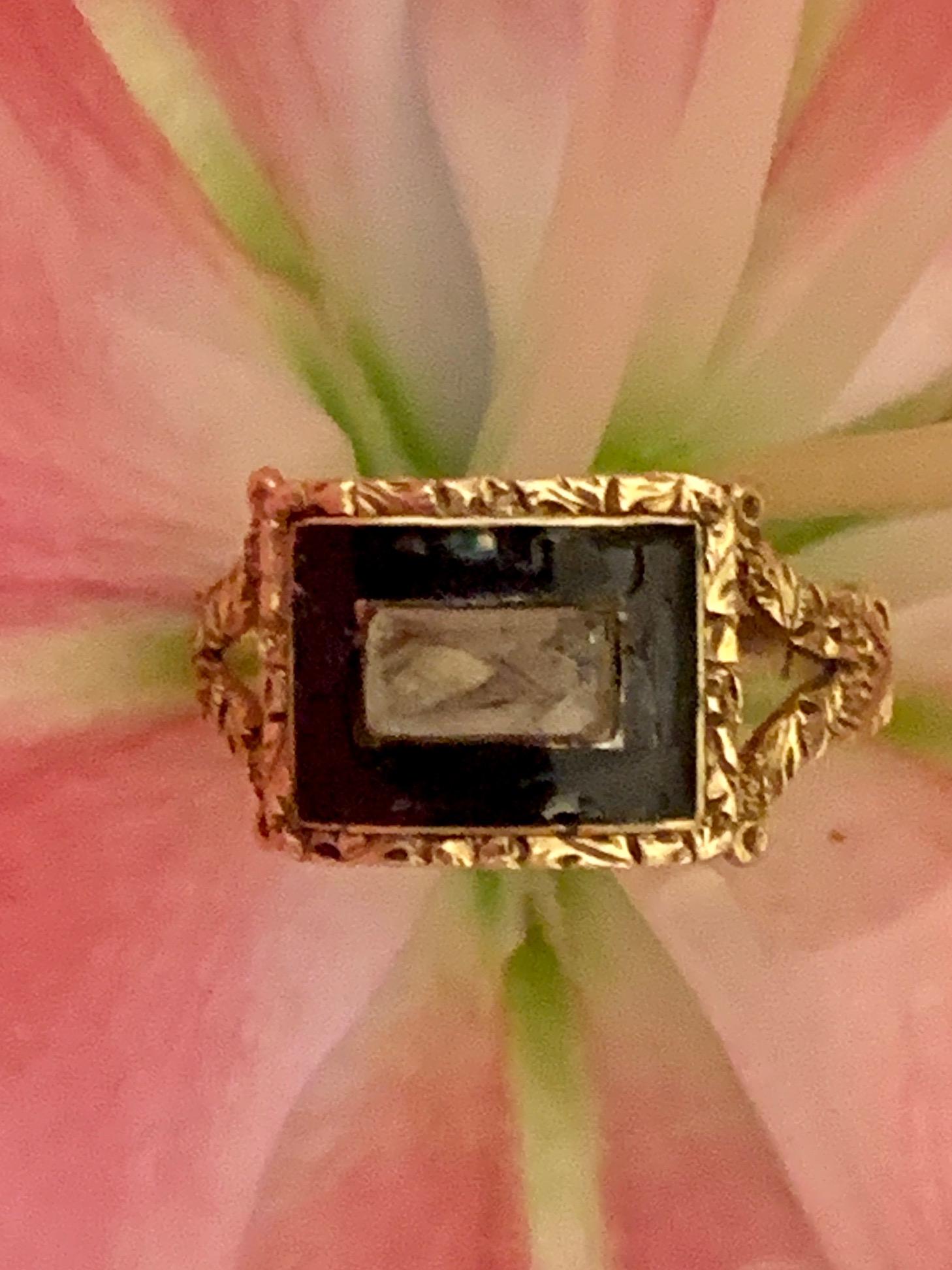 Georgian Memorial Mourning Ring, Seed Pearls, Black Enamel, 14 Karat Rose Gold In Fair Condition For Sale In St. Louis Park, MN