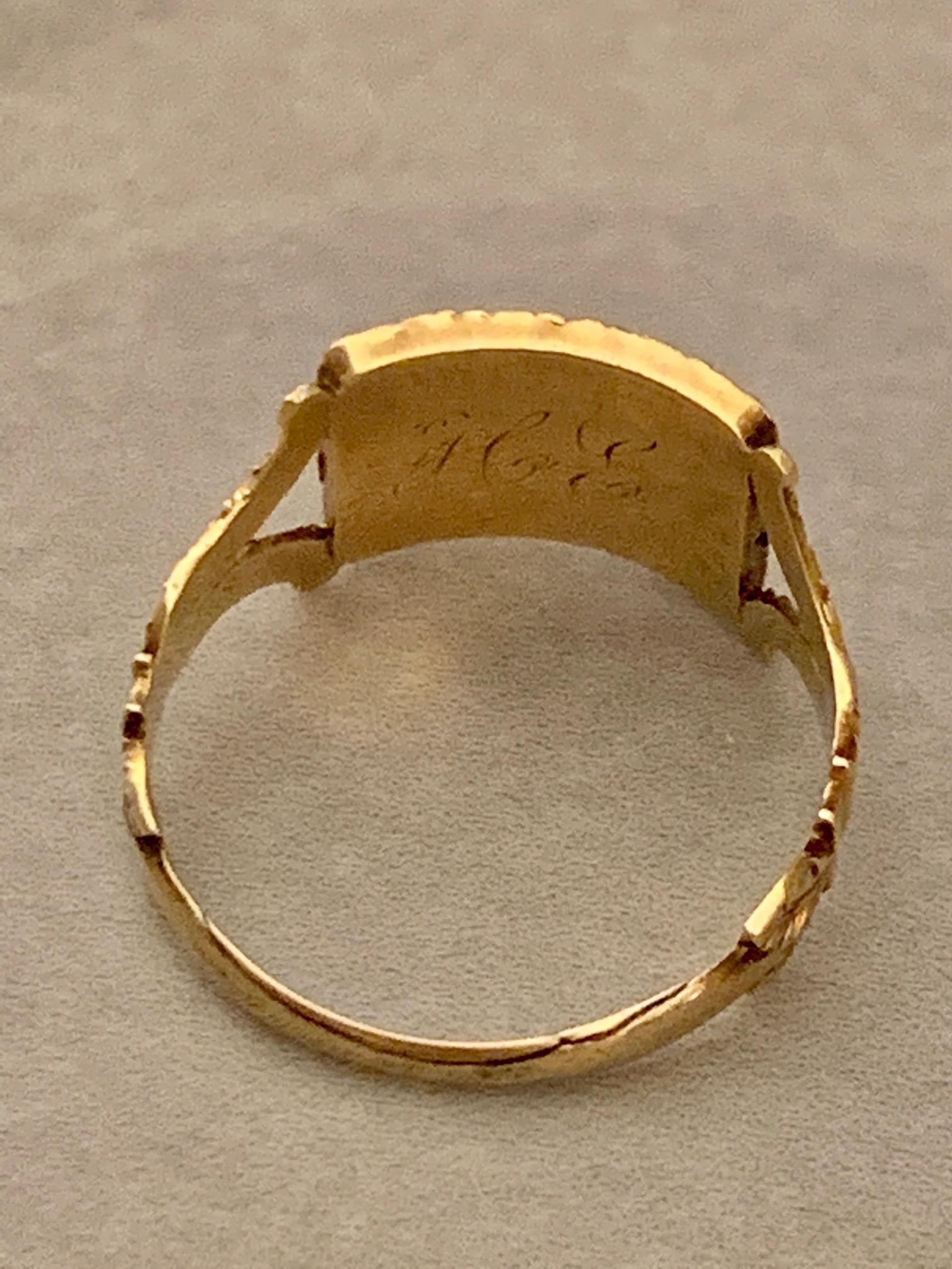 Georgian Memorial Mourning Ring, Seed Pearls, Black Enamel, 14 Karat Rose Gold For Sale 1