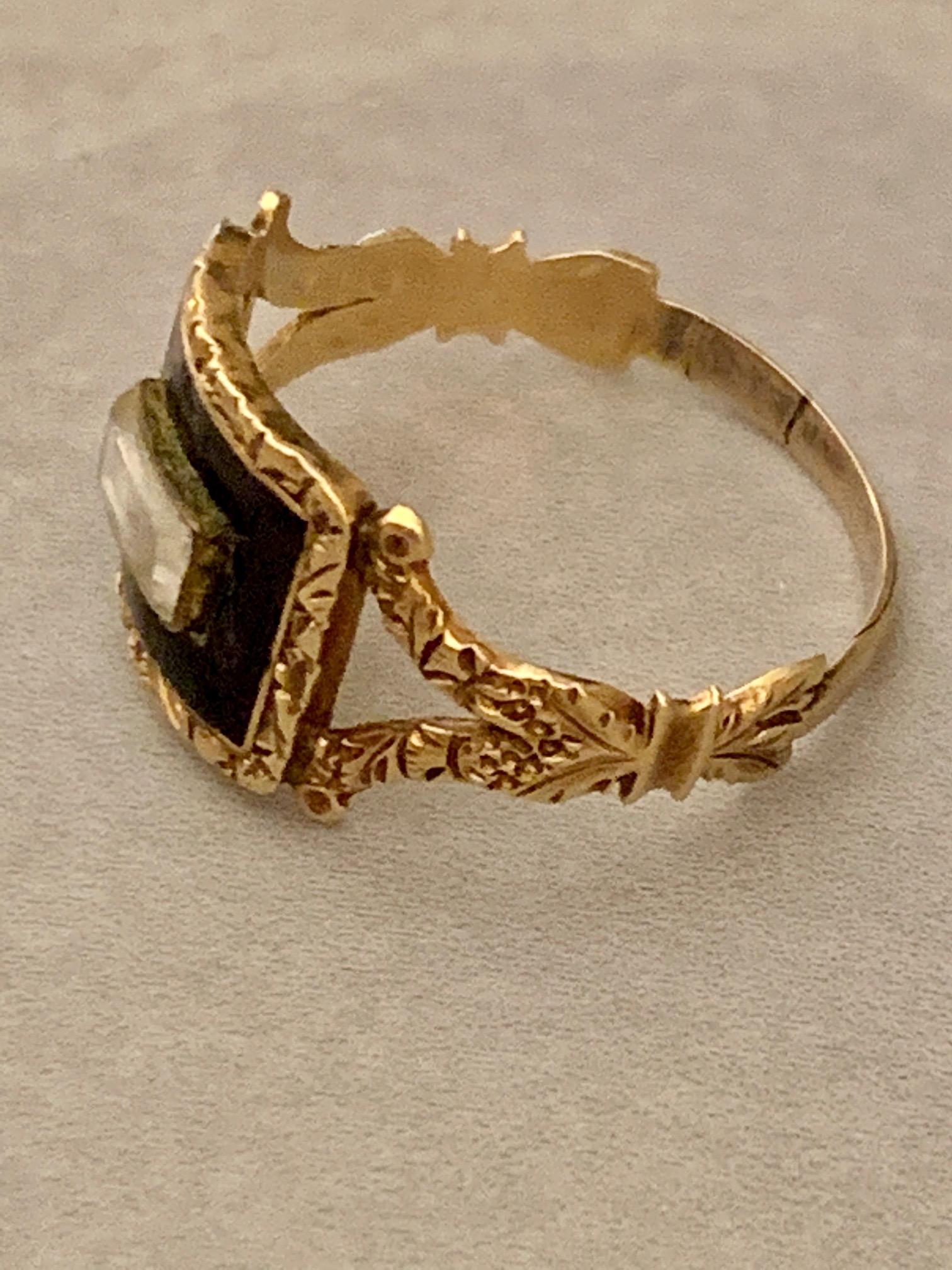Georgian Memorial Mourning Ring, Seed Pearls, Black Enamel, 14 Karat Rose Gold For Sale 2