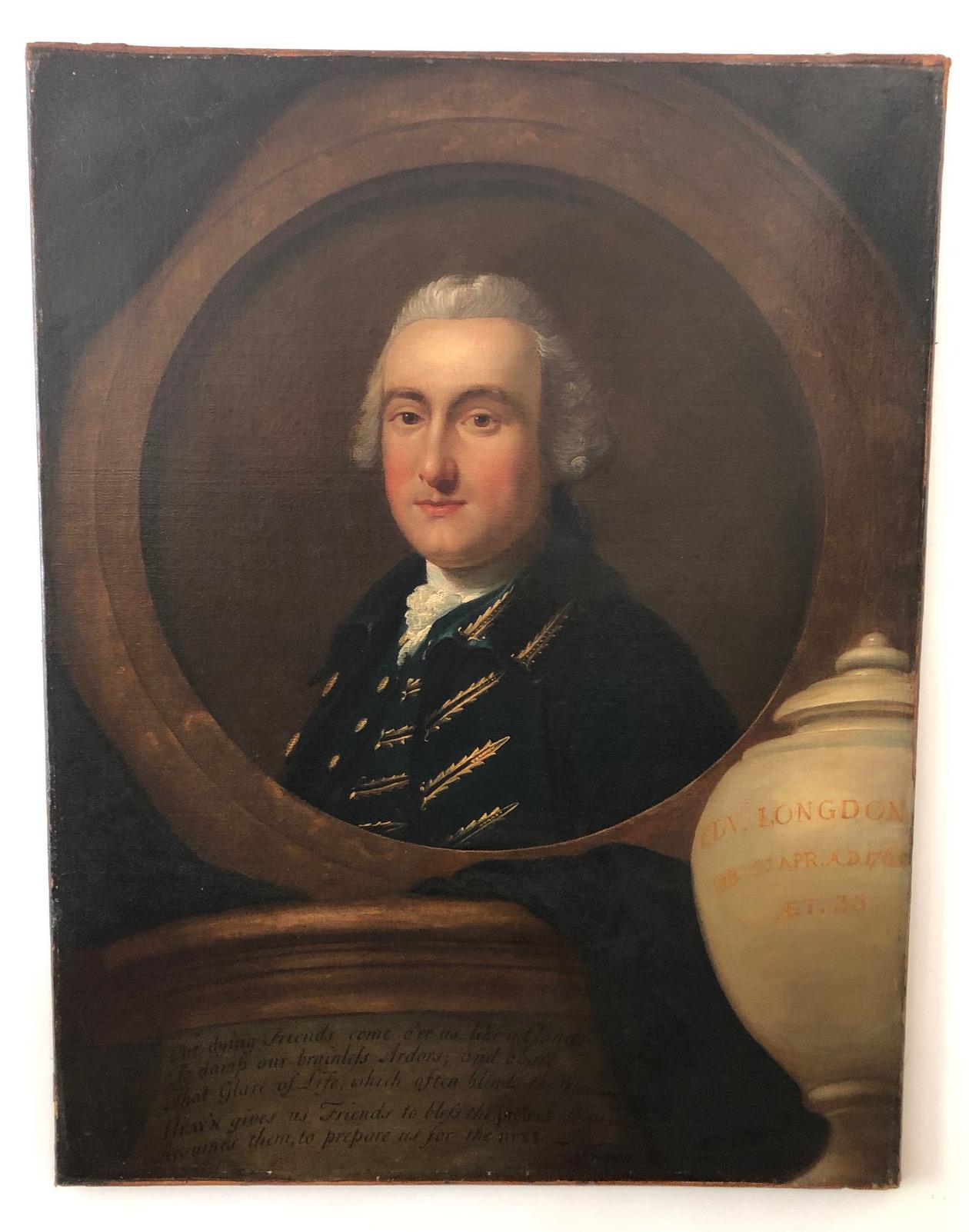 Excepcional retrato neoclásico inglés conmemorativo o de duelo de época de Jorge III de un caballero, atribuido al famoso retratista londinense Thomas Hudson (1701-1779), que representa a 
