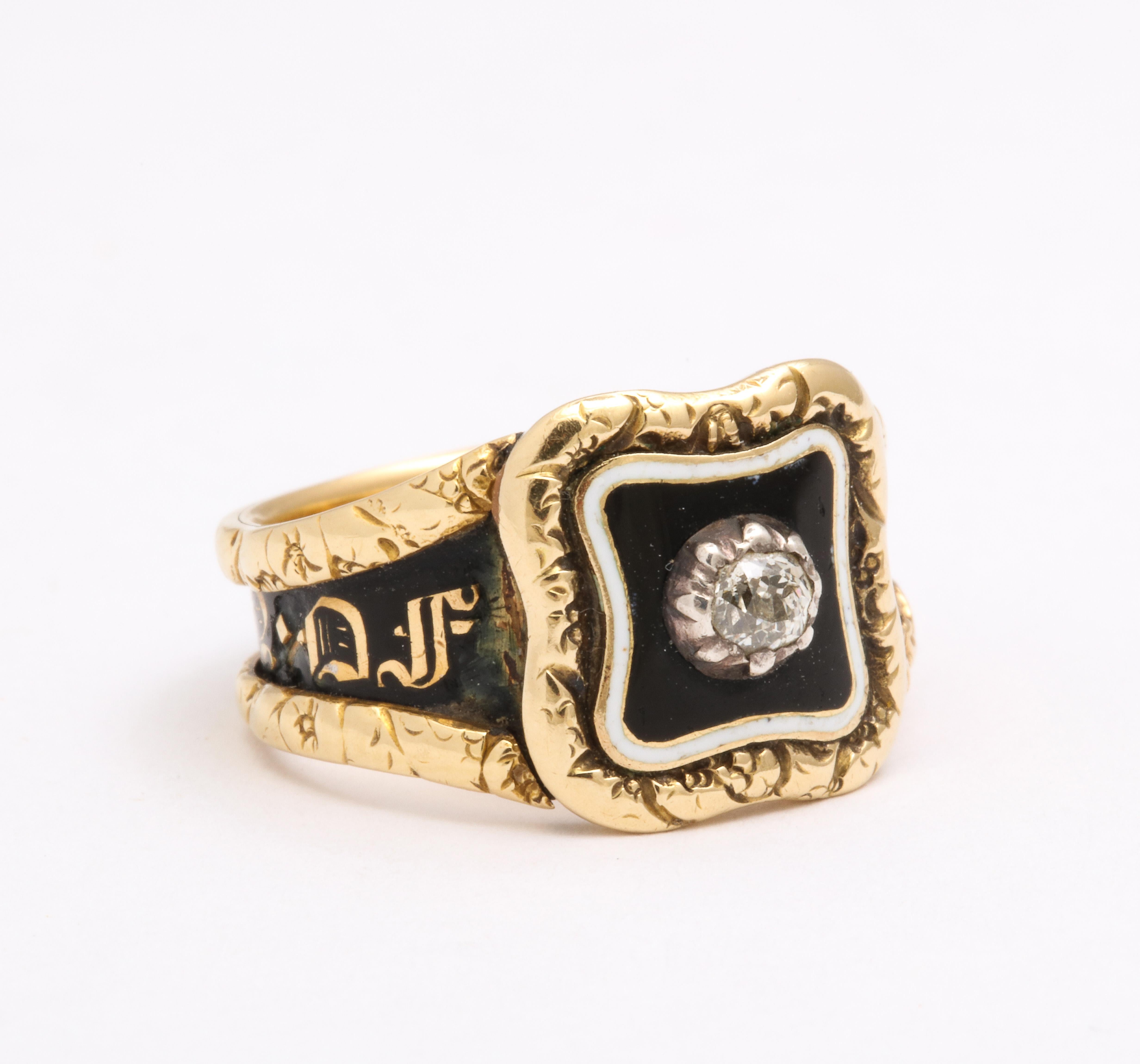 Georgianischer Memorial-Ring aus 18 Karat Gold mit Emaille und Diamant (George IV.) im Angebot