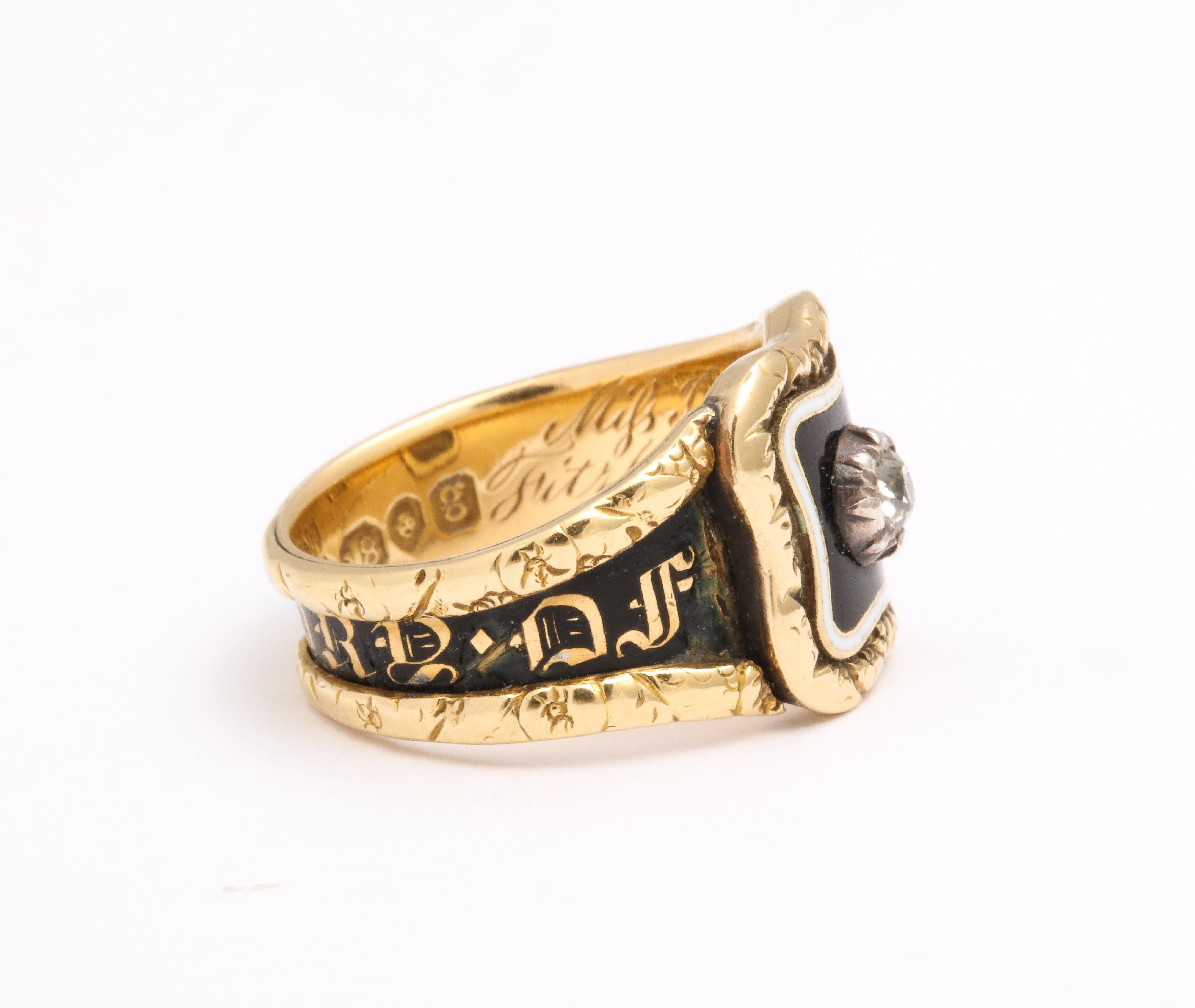 Georgianischer Memorial-Ring aus 18 Karat Gold mit Emaille und Diamant (Alteuropäischer Schliff) im Angebot