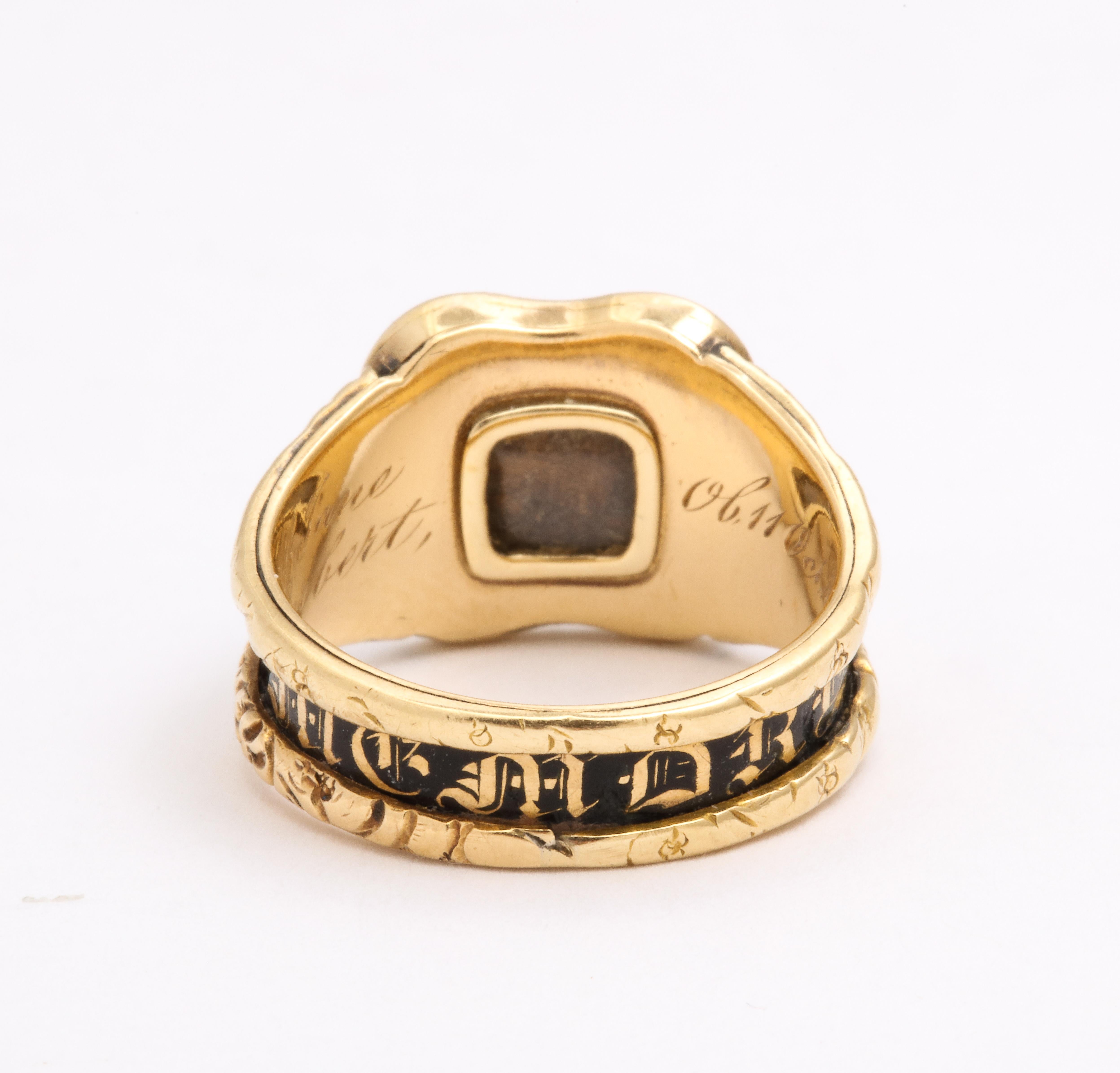 Old European Cut Georgian Memorial Ring with Enamel and Diamond in 18 Kt Gold For Sale
