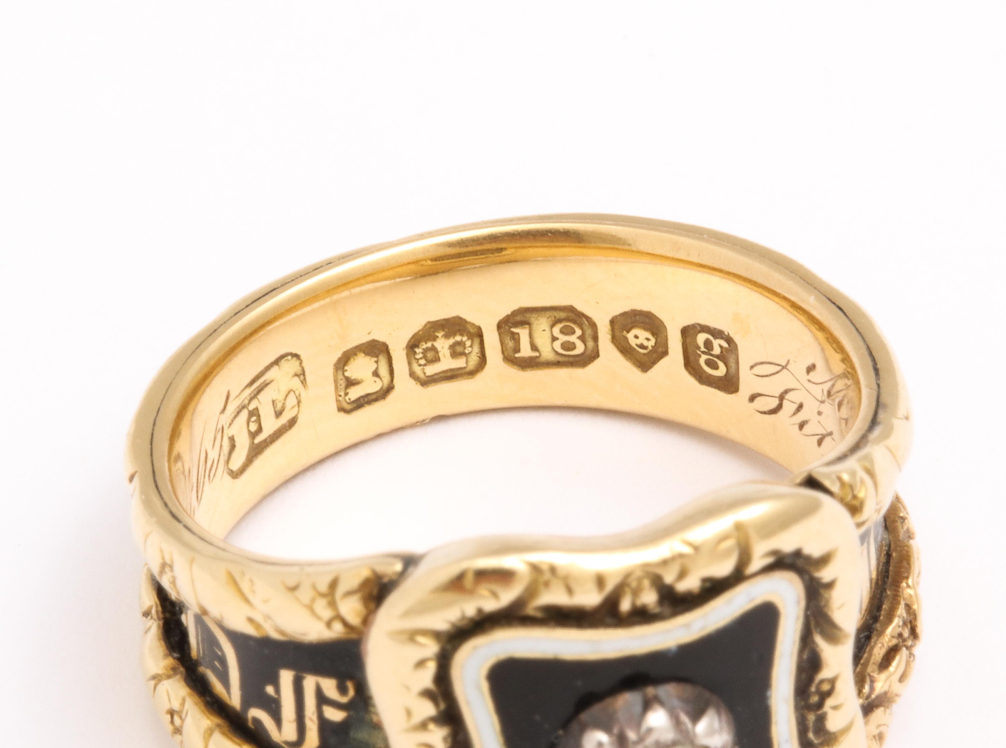 Women's or Men's Georgian Memorial Ring with Enamel and Diamond in 18 Kt Gold For Sale