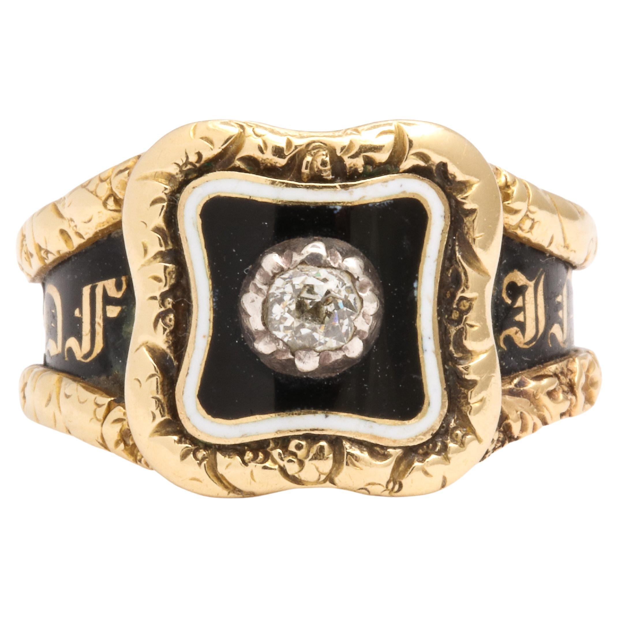 Georgian Memorial Ring with Enamel and Diamond in 18 Kt Gold