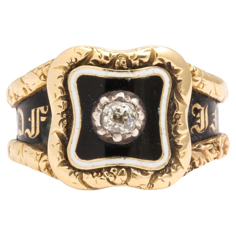 Georgian Memorial Ring with Enamel and Diamond in 18 Kt Gold For Sale