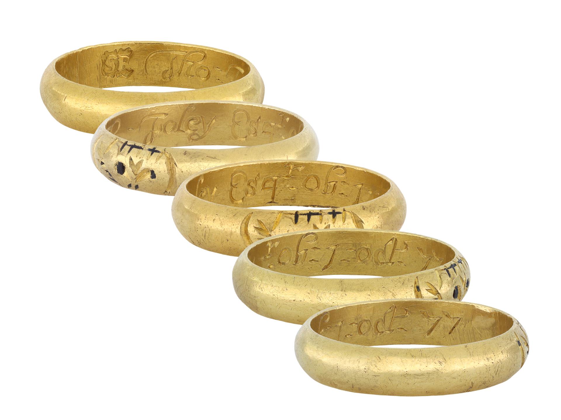 Georgian memorial skull ring. A gold D-shape shank, engraved to the exterior with a stylised skull, decoratively enhanced with traces of black enamel, the interior inscribed 'Tho Foley Esq : obt :7 : oct : 77', approximately 3.5mm in width. Tested