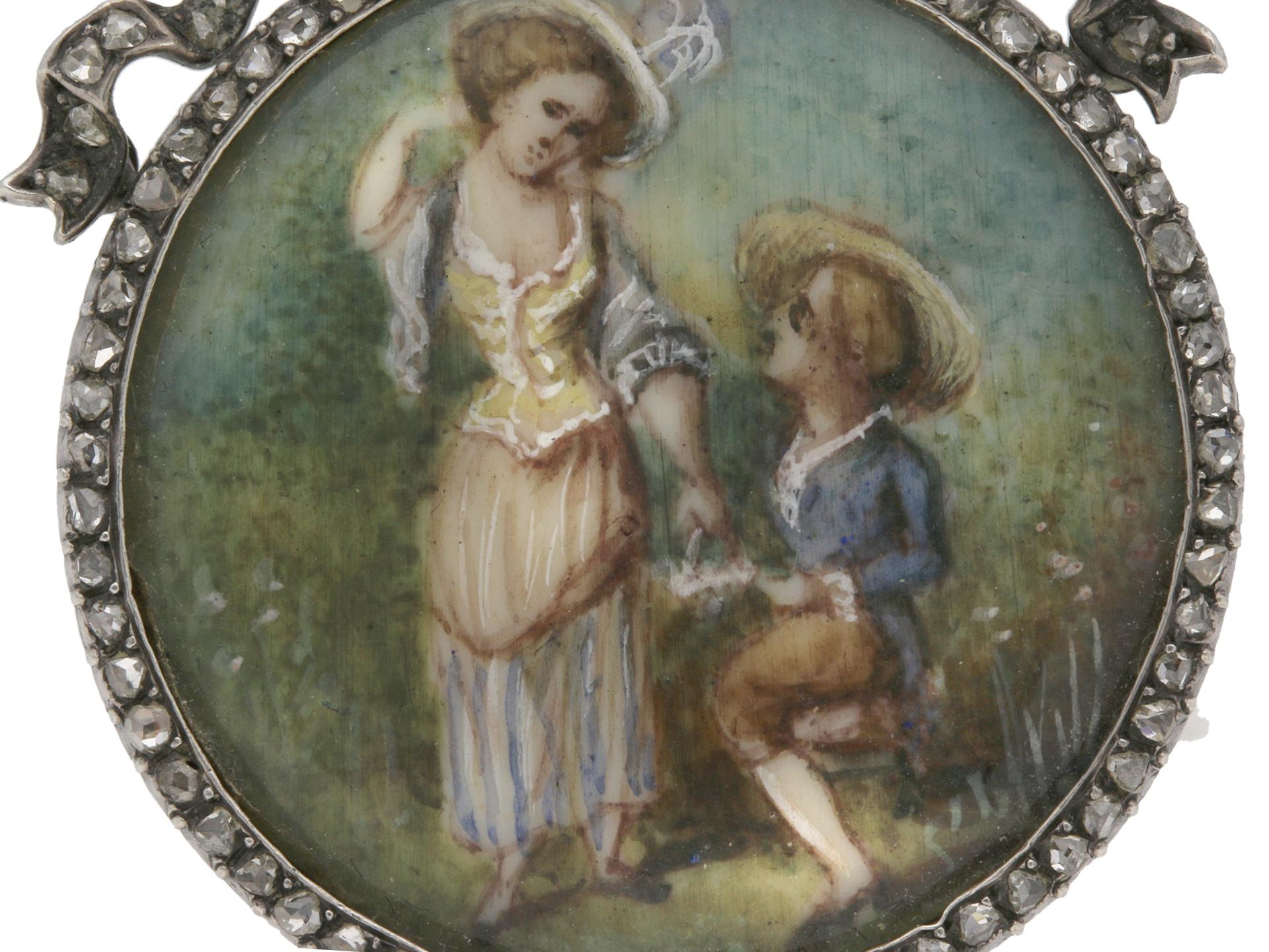 Georgian miniature and diamond brooch. Set with a fine picture of a young country girl with a boy in a closed back rubover setting, bordered by a single row of cushion shape rose cut diamonds in closed back grain settings, one hundred and eighteen