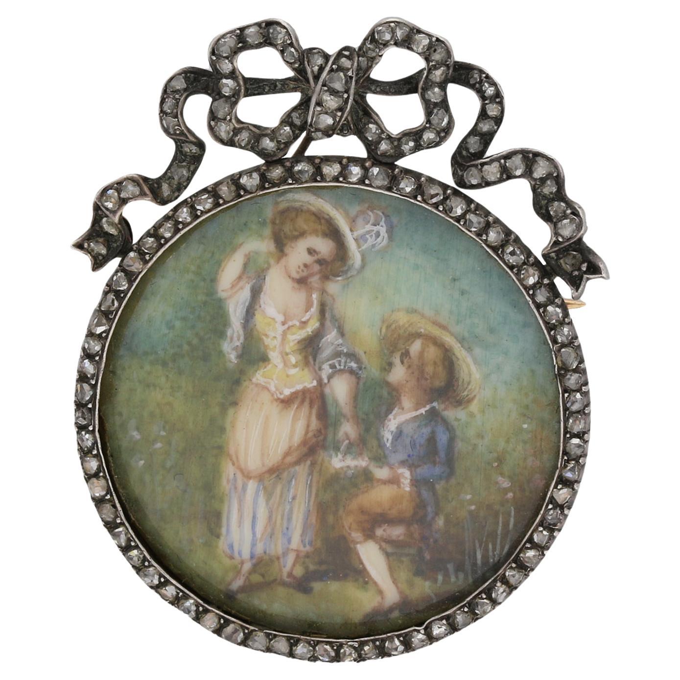 Georgian miniature and diamond brooch, French, circa 1800. For Sale