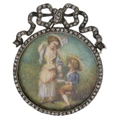 Antique Georgian miniature and diamond brooch, French, circa 1800.
