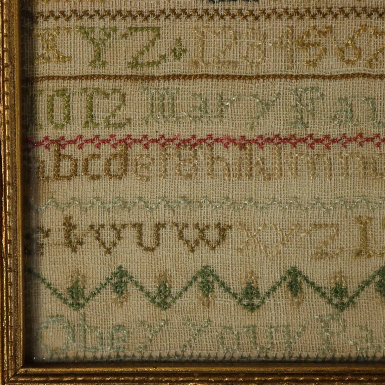 Georgian Miniature Sampler, 1791, by Mary Faulke. The sampler is worked in silk on linen ground, in cross stitch throughout. Simple line border and divider lines in a number of patterns. Colours green, gold, pink, red and brown. Alphabets A-Z in