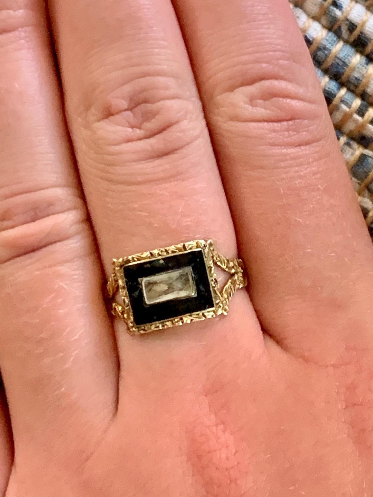 Georgian Memorial Mourning Ring; Seed Pearls, Black Enamel, 14 Karat Rose Gold  2