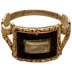 Vintage Georgian Memorial Mourning Ring; Seed Pearls, Black Enamel, 14 Karat Rose Gold 