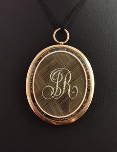 Georgian Mourning Locket Pendant, 9 Karat Gold, Blue Enamel and Pearl, Hairwork
